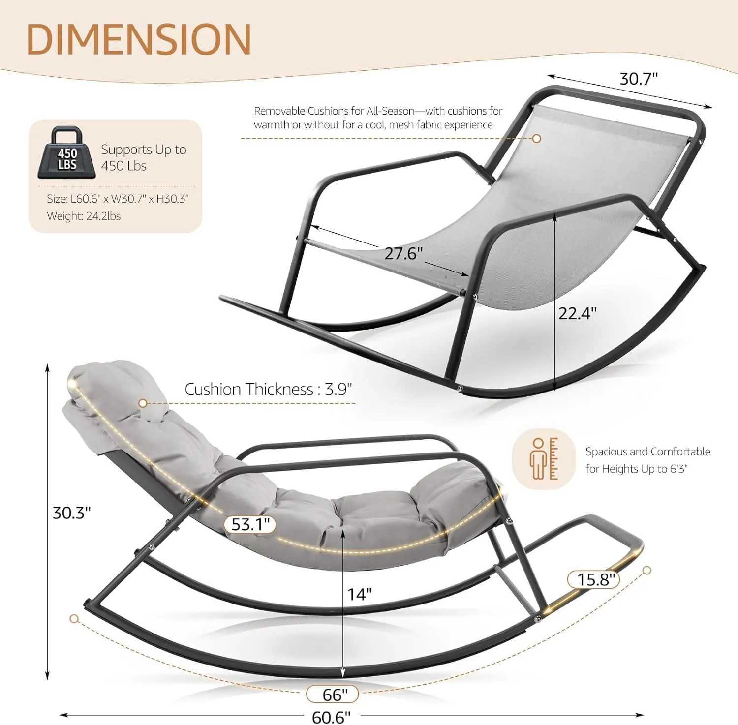 NICESOUL Large Padded Outdoor Rocking Chair, Oversized Patio Metal Lounge Rocker with Cushion, 450lbs Comfy Papasan Glider Chairs with Footrest for Porch, Balcony, Garden, Backyard and Indoor, Grey