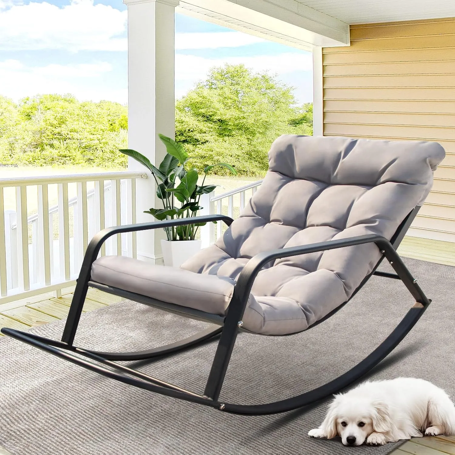 NICESOUL Large Padded Outdoor Rocking Chair, Oversized Patio Metal Lounge Rocker with Cushion, 450lbs Comfy Papasan Glider Chairs with Footrest for Porch, Balcony, Garden, Backyard and Indoor, Grey