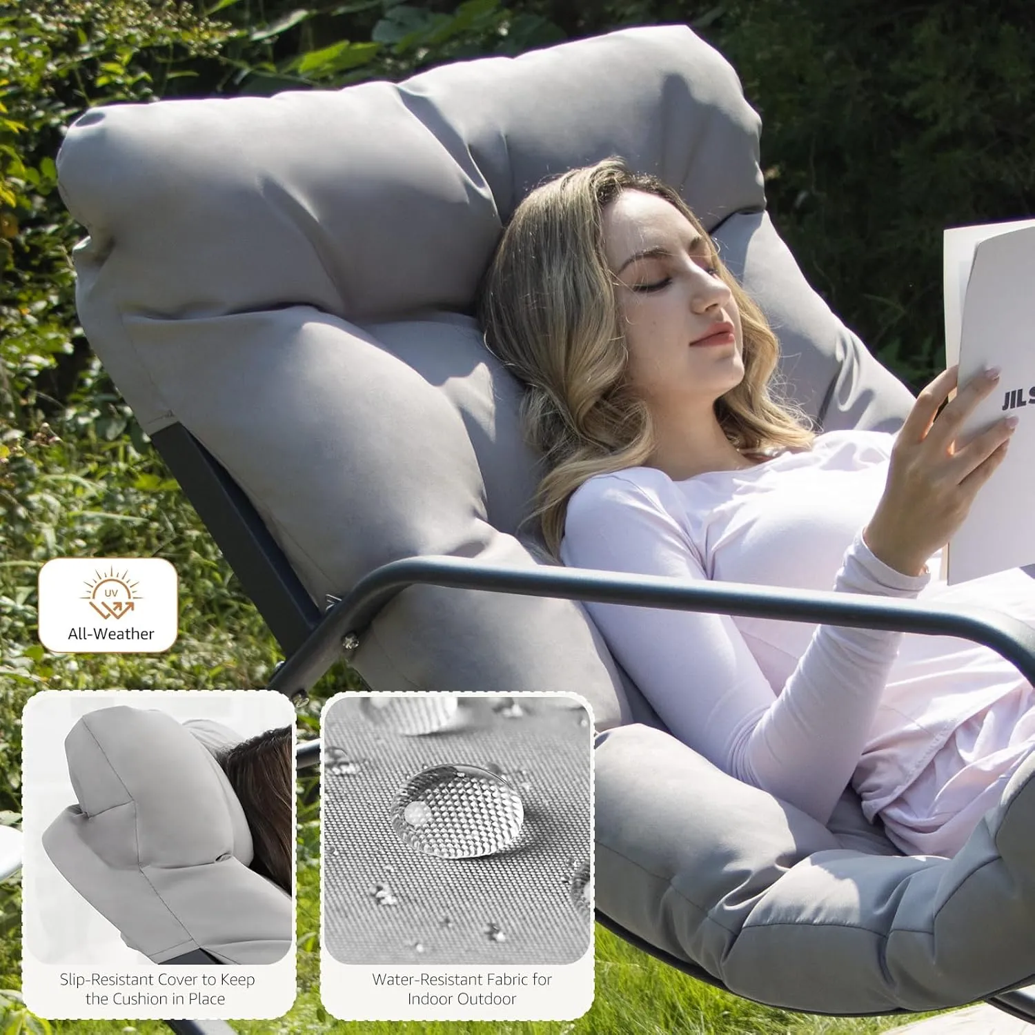 NICESOUL Large Padded Outdoor Rocking Chair, Oversized Patio Metal Lounge Rocker with Cushion, 450lbs Comfy Papasan Glider Chairs with Footrest for Porch, Balcony, Garden, Backyard and Indoor, Grey