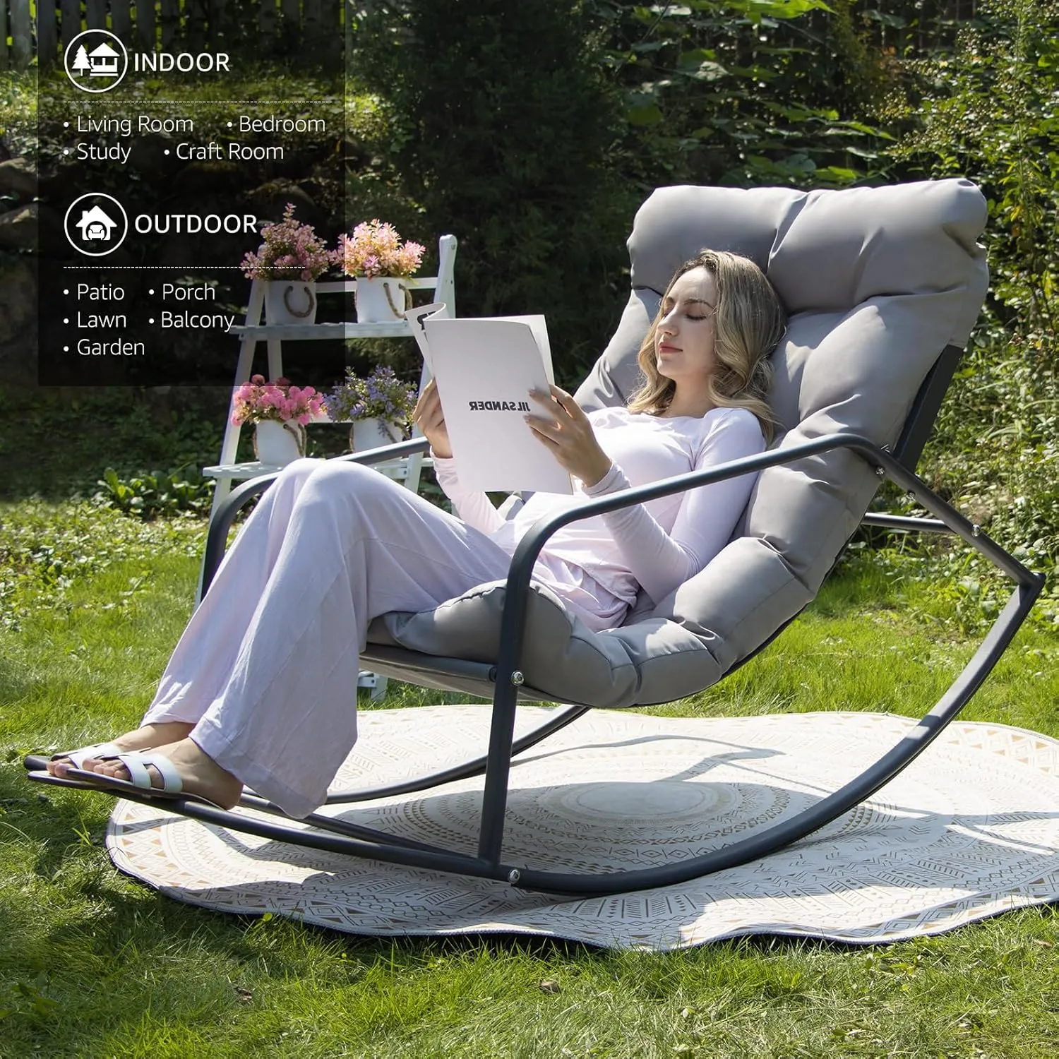 NICESOUL Large Padded Outdoor Rocking Chair, Oversized Patio Metal Lounge Rocker with Cushion, 450lbs Comfy Papasan Glider Chairs with Footrest for Porch, Balcony, Garden, Backyard and Indoor, Grey