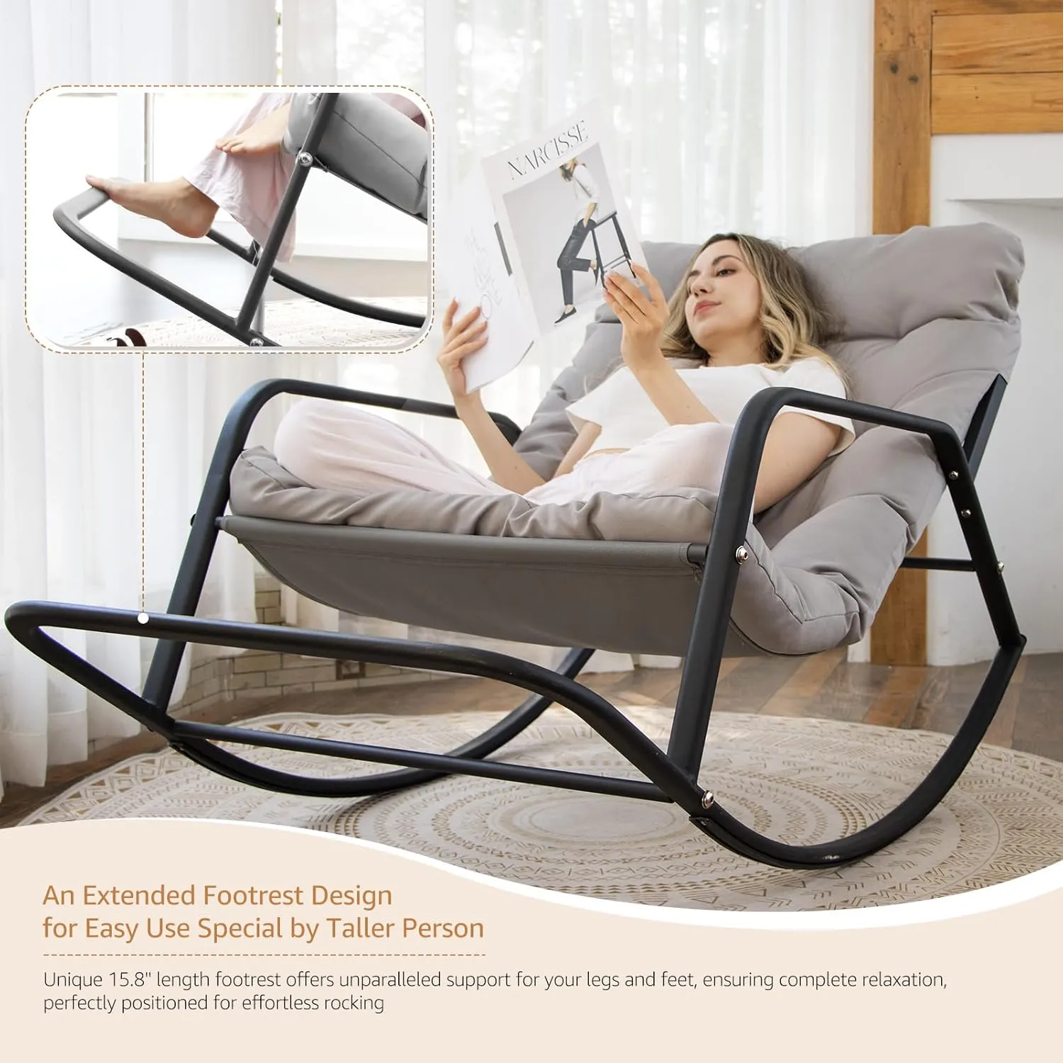 NICESOUL Large Padded Outdoor Rocking Chair, Oversized Patio Metal Lounge Rocker with Cushion, 450lbs Comfy Papasan Glider Chairs with Footrest for Porch, Balcony, Garden, Backyard and Indoor, Grey