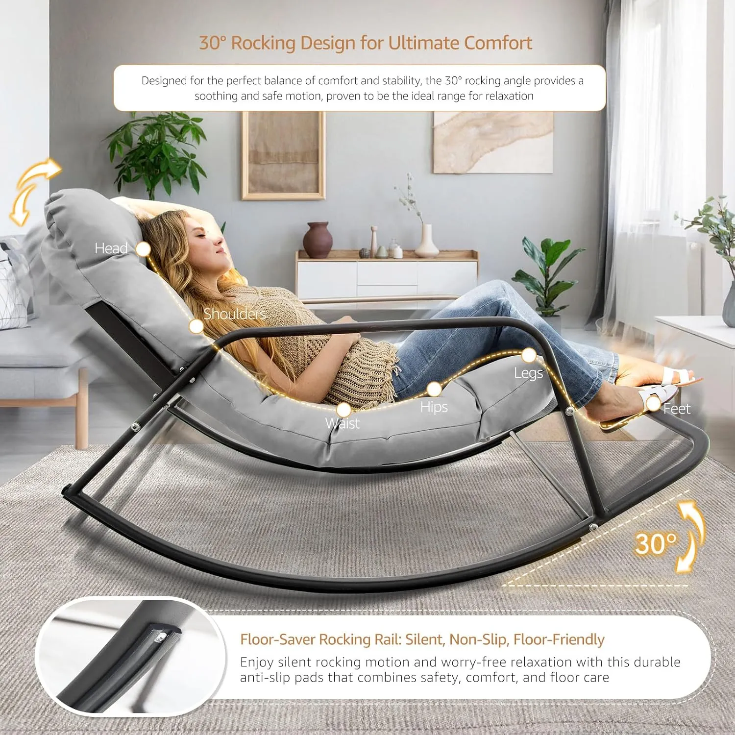 NICESOUL Large Padded Outdoor Rocking Chair, Oversized Patio Metal Lounge Rocker with Cushion, 450lbs Comfy Papasan Glider Chairs with Footrest for Porch, Balcony, Garden, Backyard and Indoor, Grey