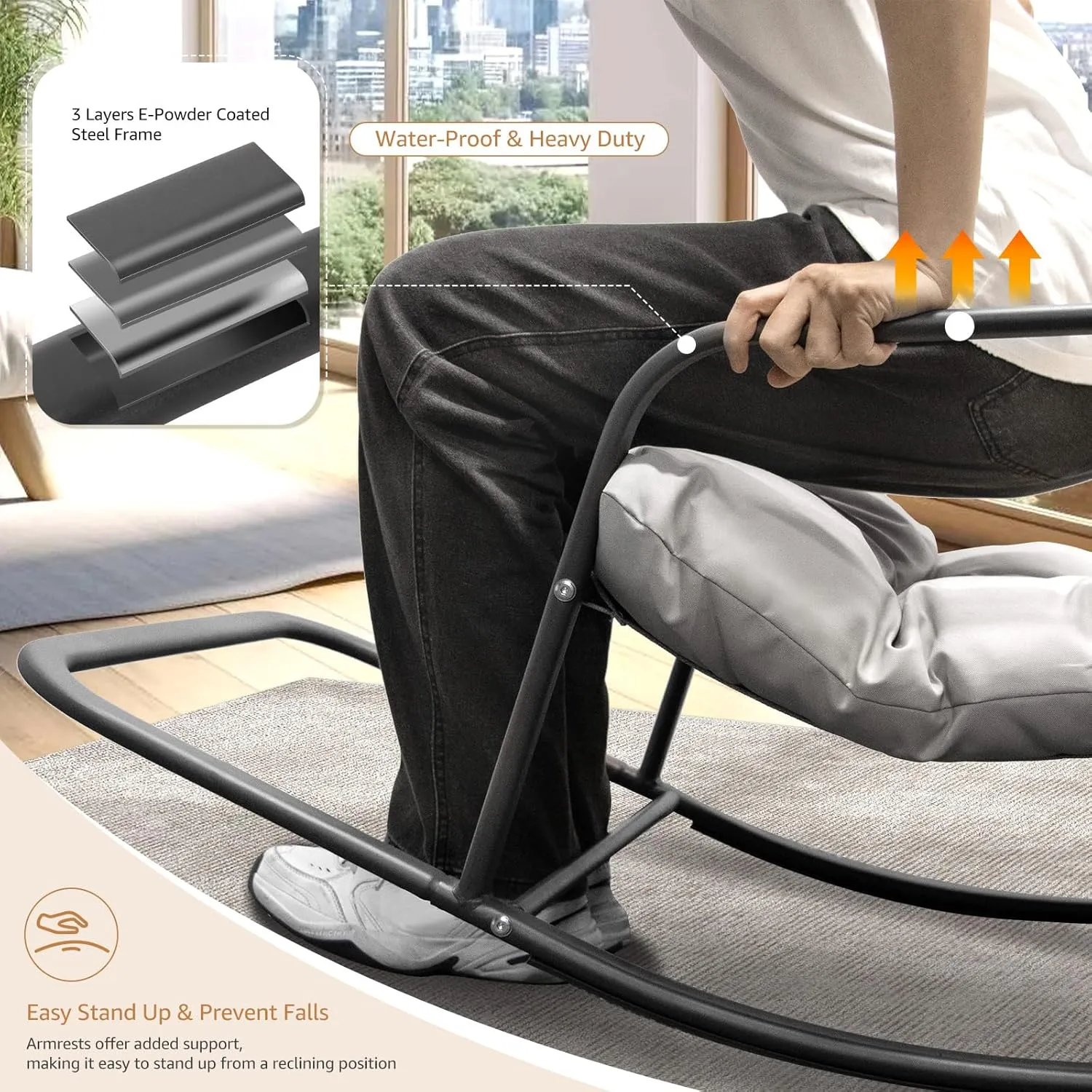 NICESOUL Large Padded Outdoor Rocking Chair, Oversized Patio Metal Lounge Rocker with Cushion, 450lbs Comfy Papasan Glider Chairs with Footrest for Porch, Balcony, Garden, Backyard and Indoor, Grey