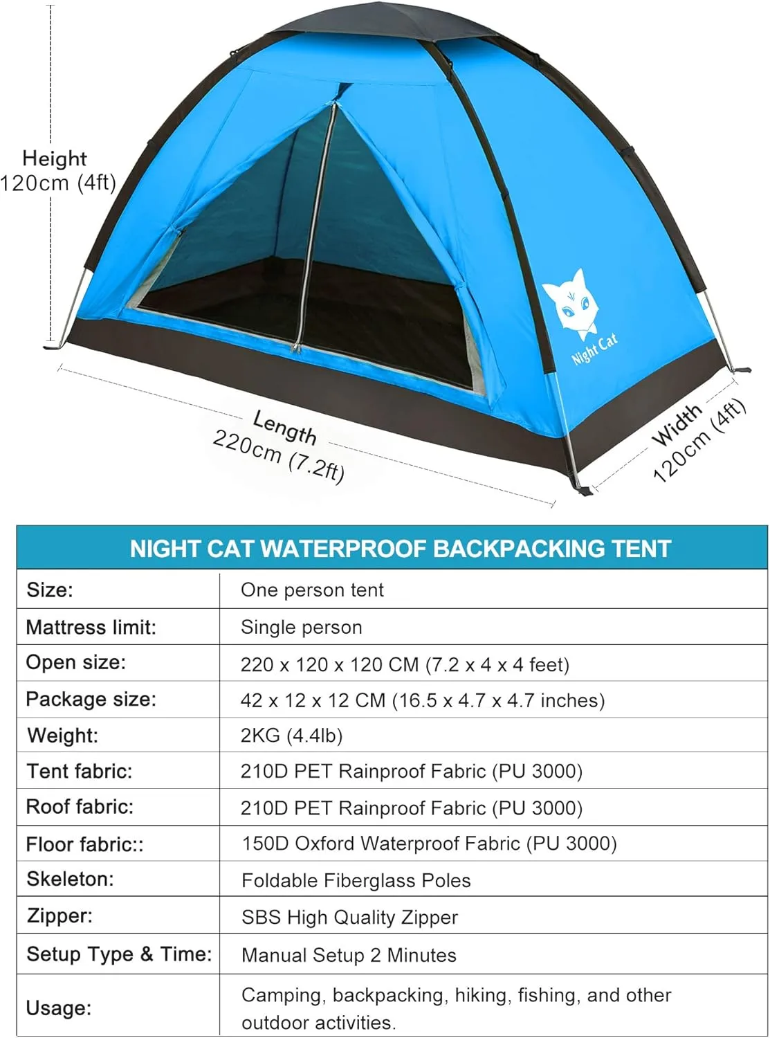 Night Cat Backpacking Tent for One 1 to 2 Persons Lightweight Waterproof Camping Hiking Tent for Adults Kids Scouts Easy Setup Single Layer 2.2x1.2m