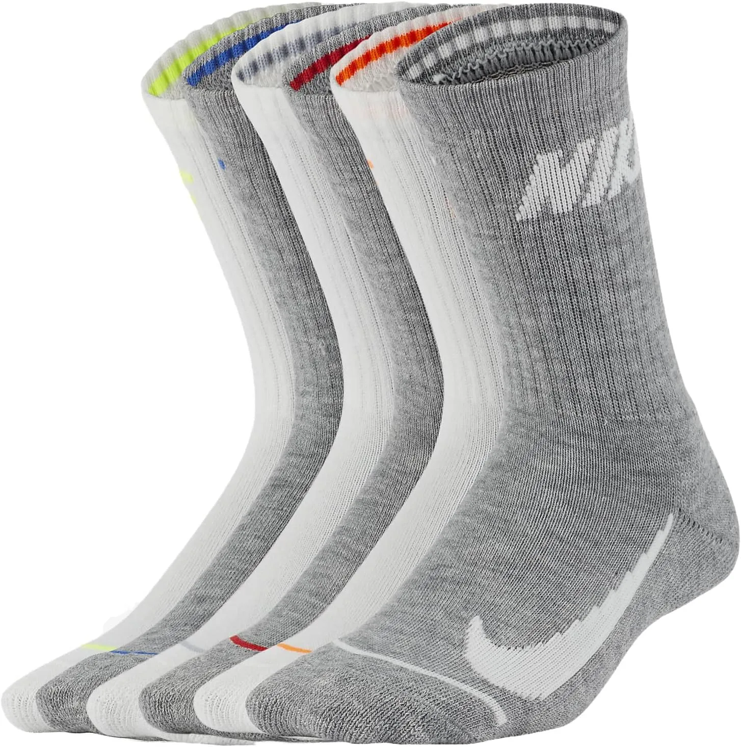 Nike Youth Cushioned Crew Socks, 6 Pack, Sizes 7-10, White and Grey