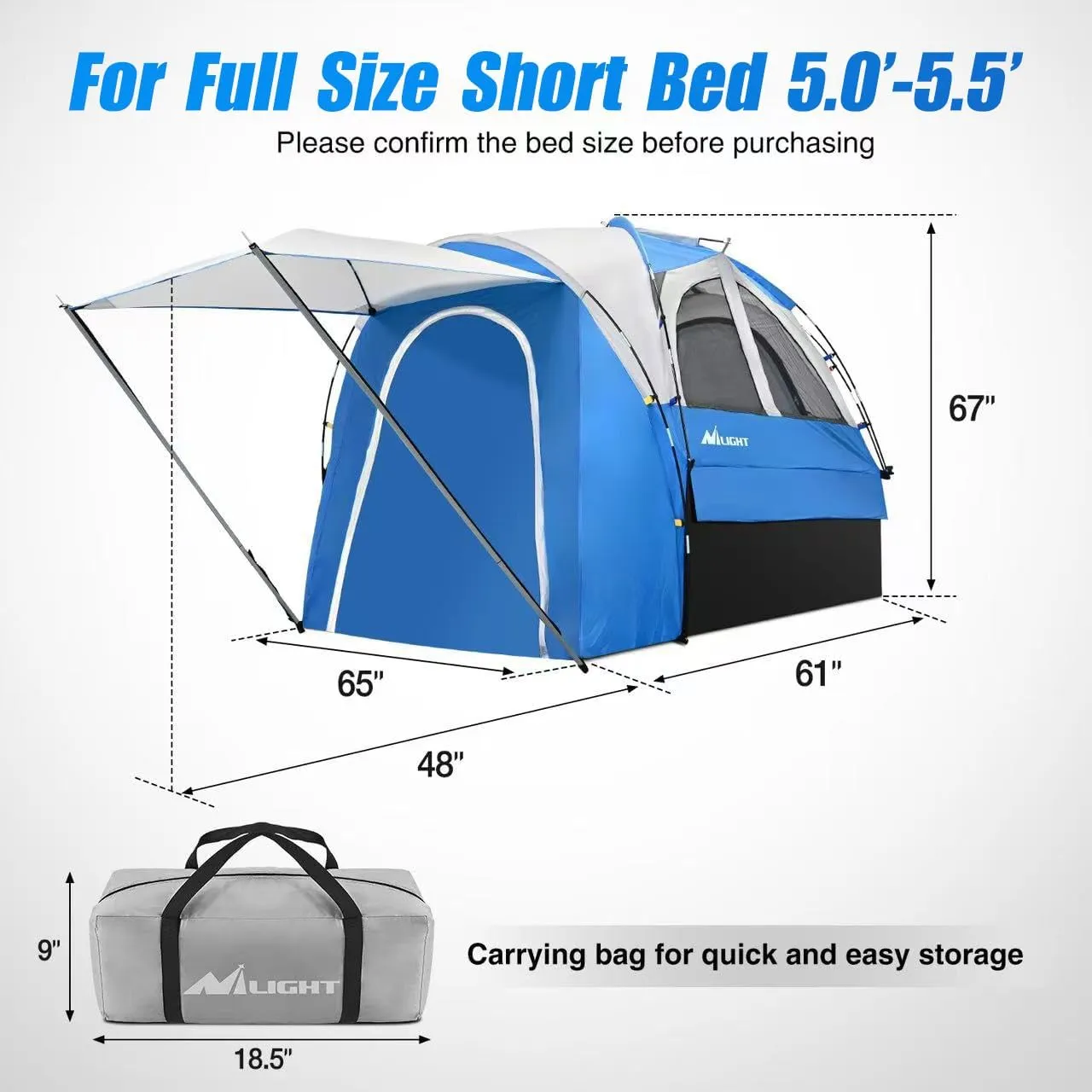 Nilight Truck Bed Tent 5.0-5.5FT Pickup Truck Tents with Removable Awning Waterproof PU2000mm Double Layer Rainfly Storage Bag 2-Person Sleeping Tailgate Bed Tents for Camping Travel Outdoor,Blue Grey