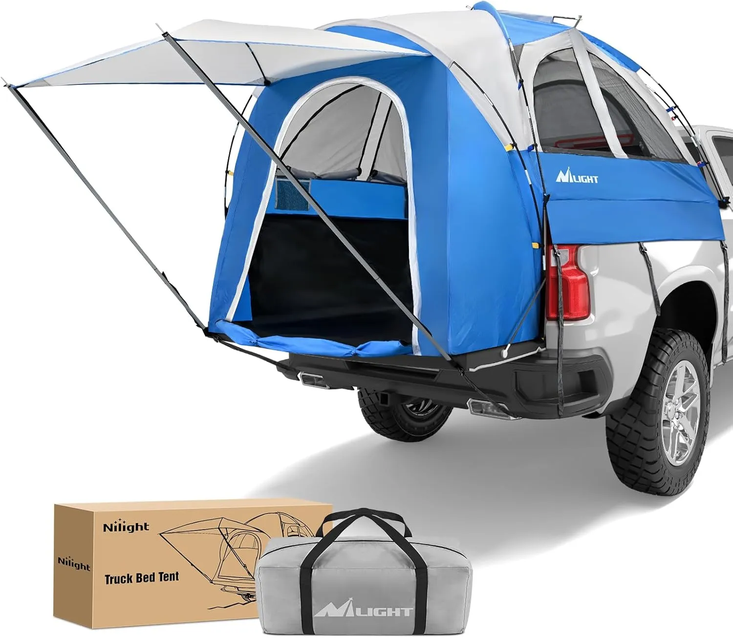 Nilight Truck Bed Tent 5.0-5.5FT Pickup Truck Tents with Removable Awning Waterproof PU2000mm Double Layer Rainfly Storage Bag 2-Person Sleeping Tailgate Bed Tents for Camping Travel Outdoor,Blue Grey