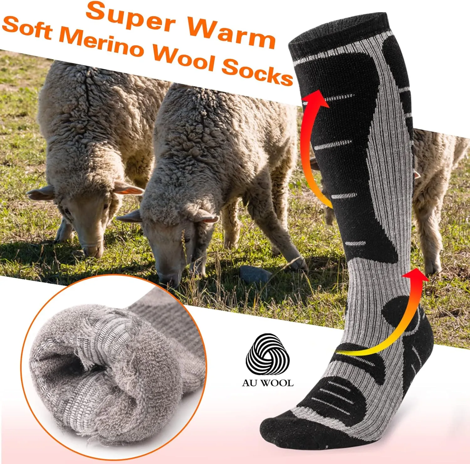 NOVAYARD Merino Wool Ski Socks 2 Pairs Mens Womens Over the Calf Thermal Socks for Snowboarding Hiking Skiing