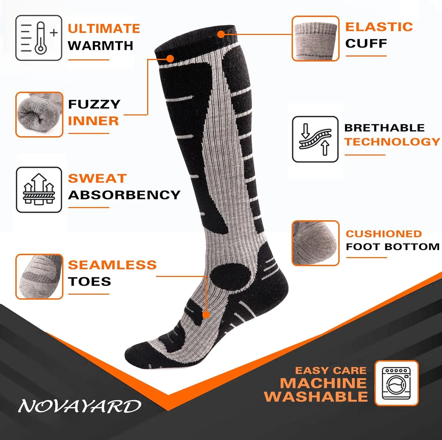 NOVAYARD Merino Wool Ski Socks 2 Pairs Mens Womens Over the Calf Thermal Socks for Snowboarding Hiking Skiing