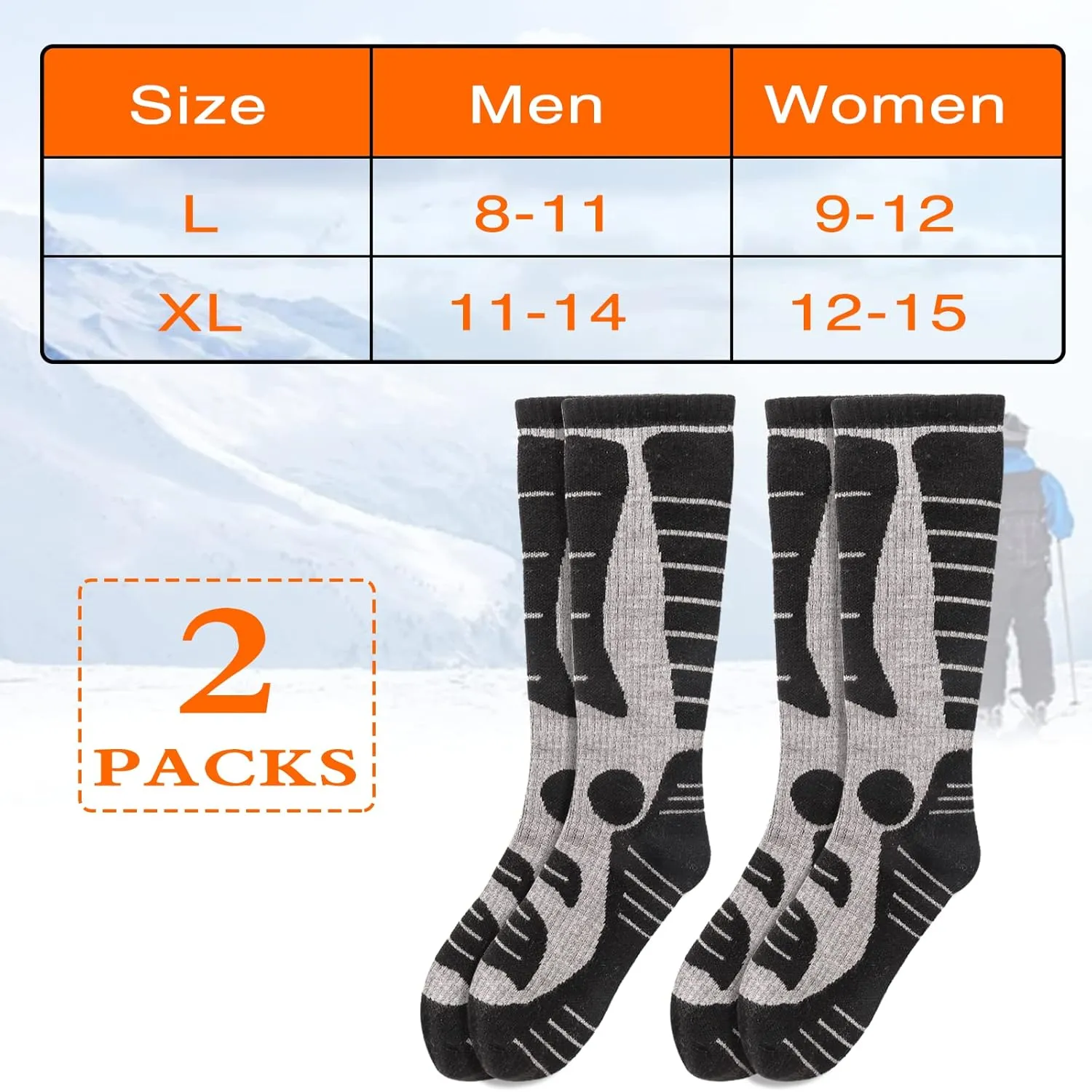 NOVAYARD Merino Wool Ski Socks 2 Pairs Mens Womens Over the Calf Thermal Socks for Snowboarding Hiking Skiing