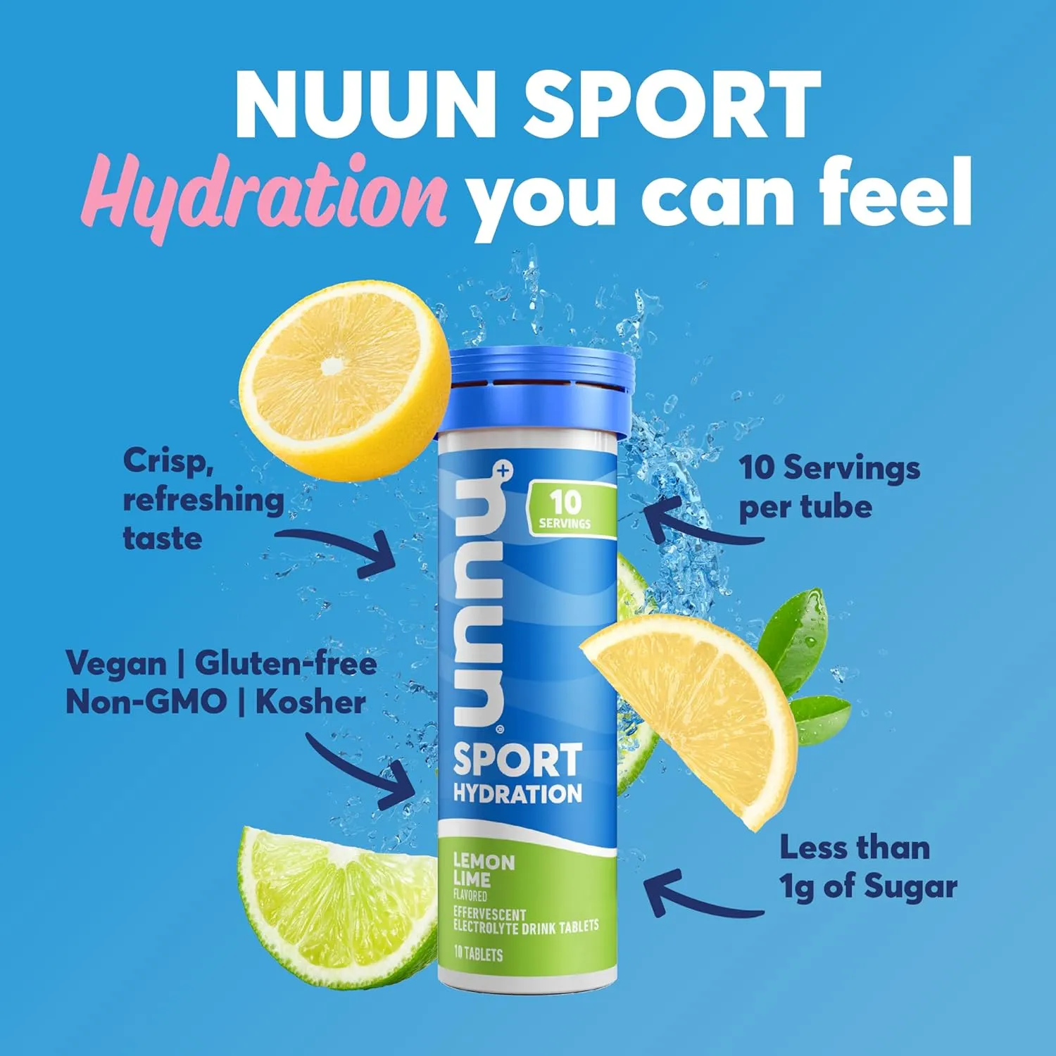 Nuun Sport Electrolyte Tablets with Magnesium, Calcium, Potassium, Chloride & Sodium, Gluten Free & Vegan, Lemon Lime, 8 Pack (80 Servings Total)