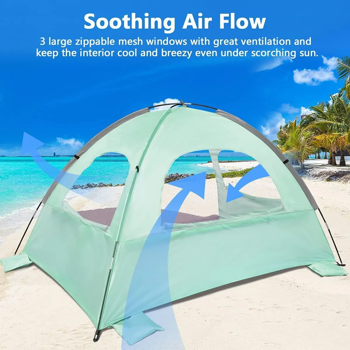 NXONE Beach Tent Sun Shade Shelter for 3/4/6 Person Person with UV Protection, Extended Floor, 3 Mesh Roll Up Windows & 8.0/8.5mm Fiberglass Rods丨Carry Bag Included