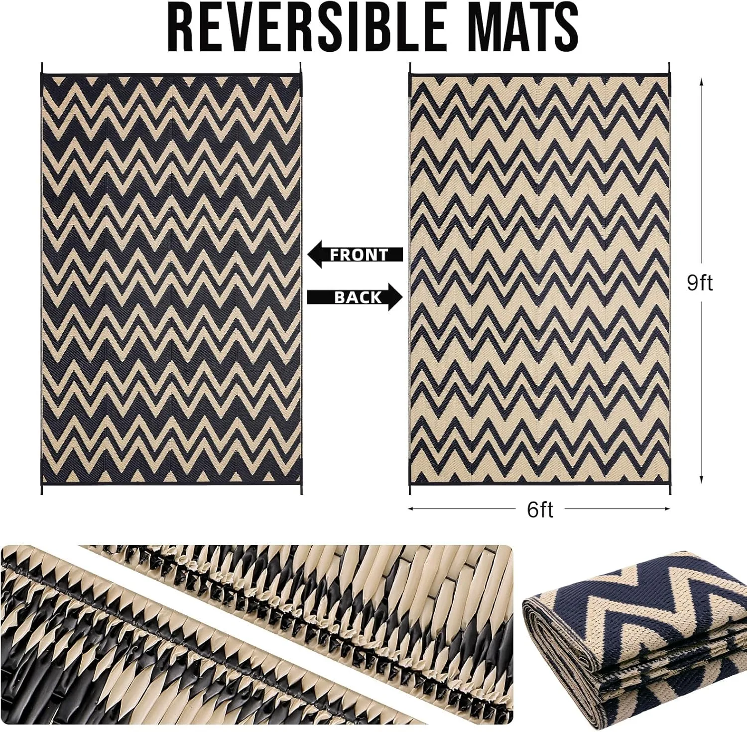 OLANLY Waterproof Outdoor Rug 6x9 ft Clearance, Reversible Outdoor Plastic Straw Rug, RV Mat, Indoor Outdoor Carpet for Patio, Camping, Balcony, Deck, Backyard, Black & Beige