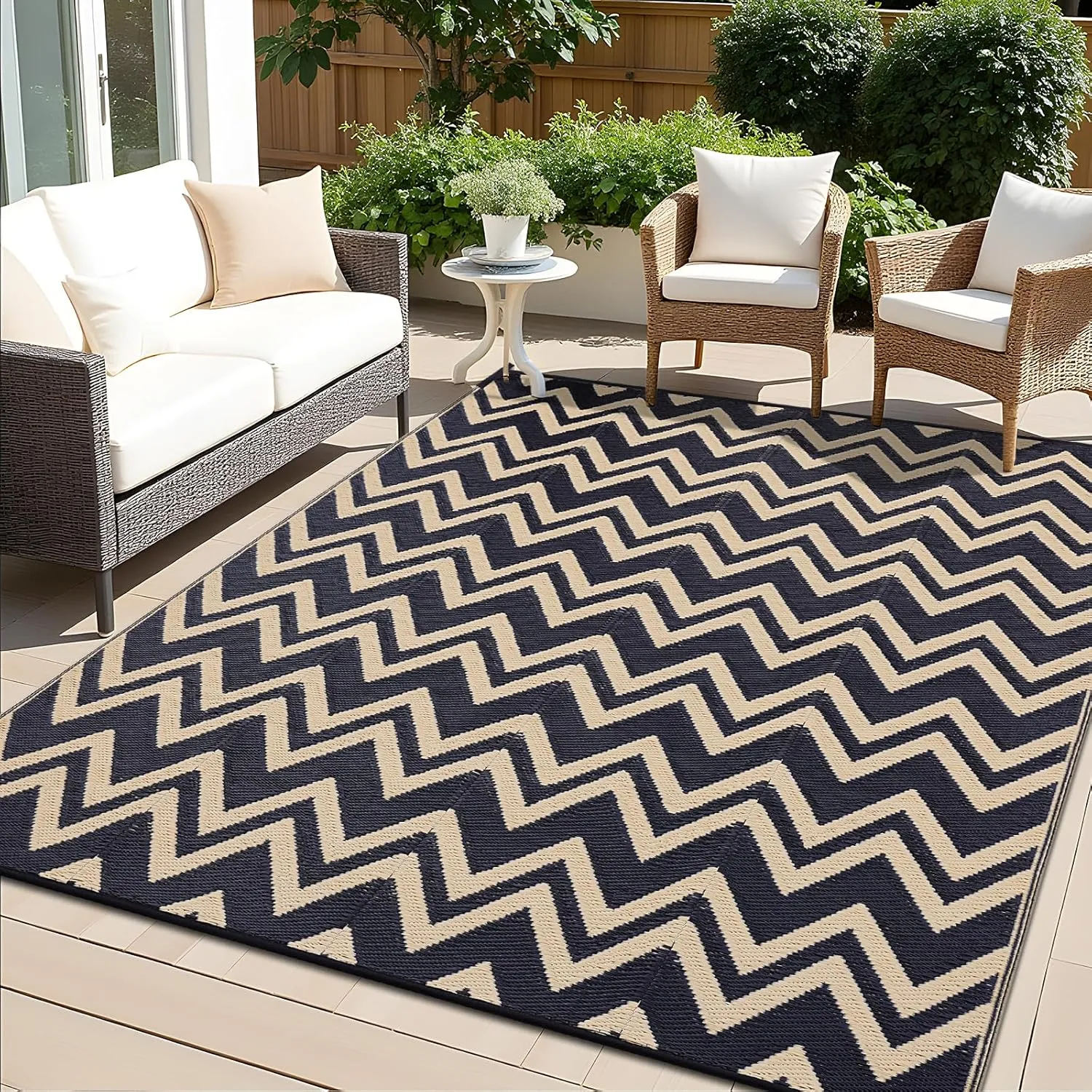 OLANLY Waterproof Outdoor Rug 6x9 ft Clearance, Reversible Outdoor Plastic Straw Rug, RV Mat, Indoor Outdoor Carpet for Patio, Camping, Balcony, Deck, Backyard, Black & Beige