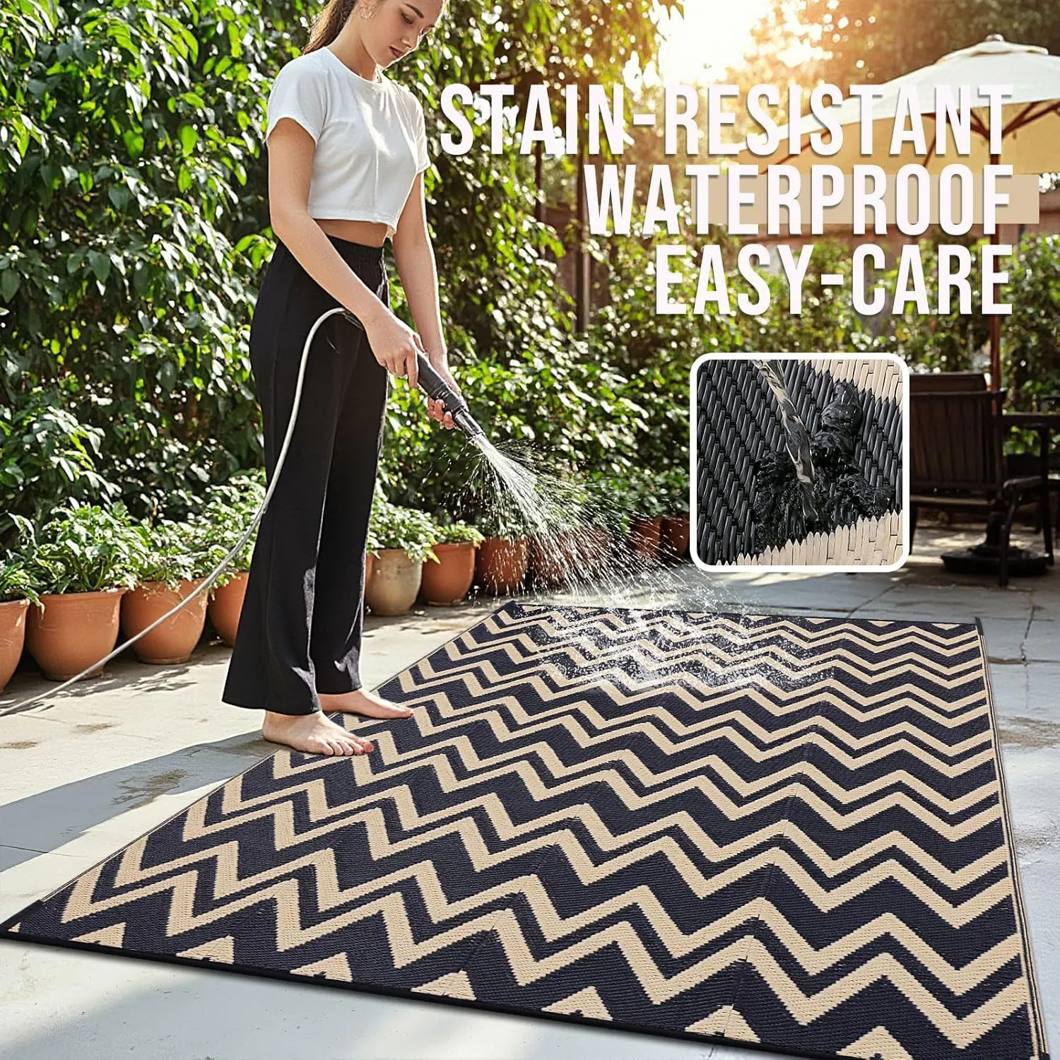 OLANLY Waterproof Outdoor Rug 6x9 ft Clearance, Reversible Outdoor Plastic Straw Rug, RV Mat, Indoor Outdoor Carpet for Patio, Camping, Balcony, Deck, Backyard, Black & Beige