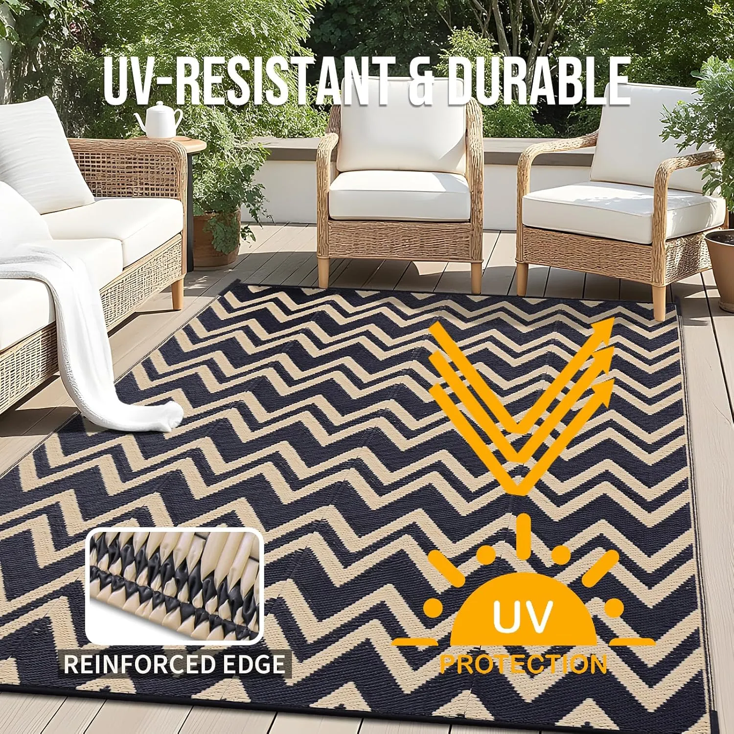 OLANLY Waterproof Outdoor Rug 6x9 ft Clearance, Reversible Outdoor Plastic Straw Rug, RV Mat, Indoor Outdoor Carpet for Patio, Camping, Balcony, Deck, Backyard, Black & Beige