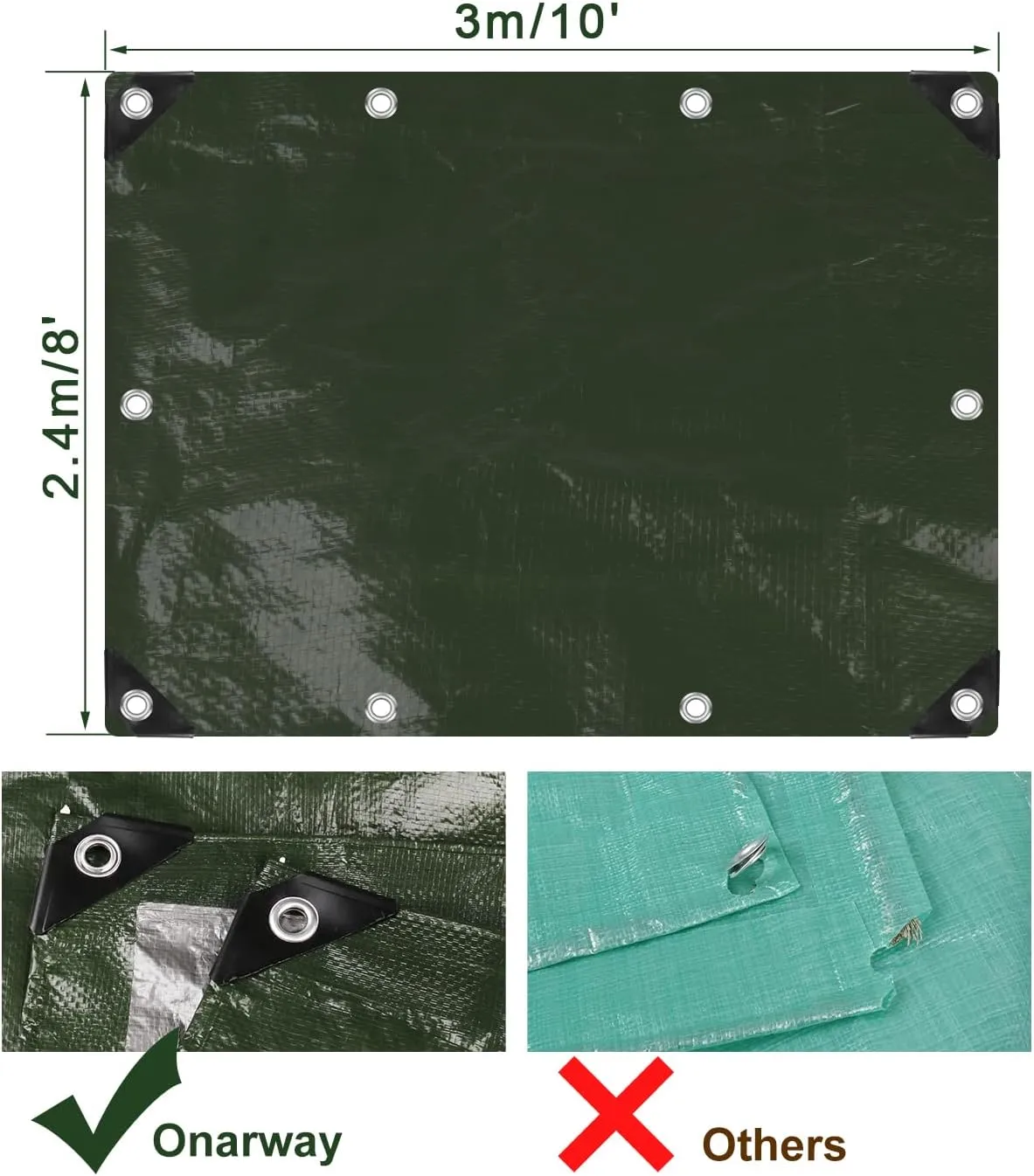 Onarway Poly Tarps Waterproof for Outdoor: Green Tarpaulin 6Mil Thicken 8x10 Ft 2Packs- Anti-UV Waterproof Tarp Cover with Grommets Multipurpose for Boat Pool Roof Camping