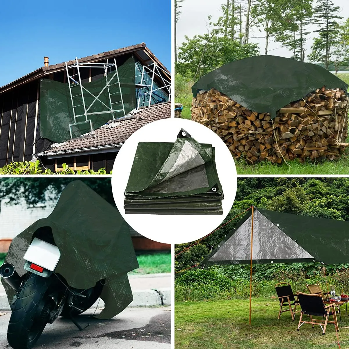Onarway Poly Tarps Waterproof for Outdoor: Green Tarpaulin 6Mil Thicken 8x10 Ft 2Packs- Anti-UV Waterproof Tarp Cover with Grommets Multipurpose for Boat Pool Roof Camping