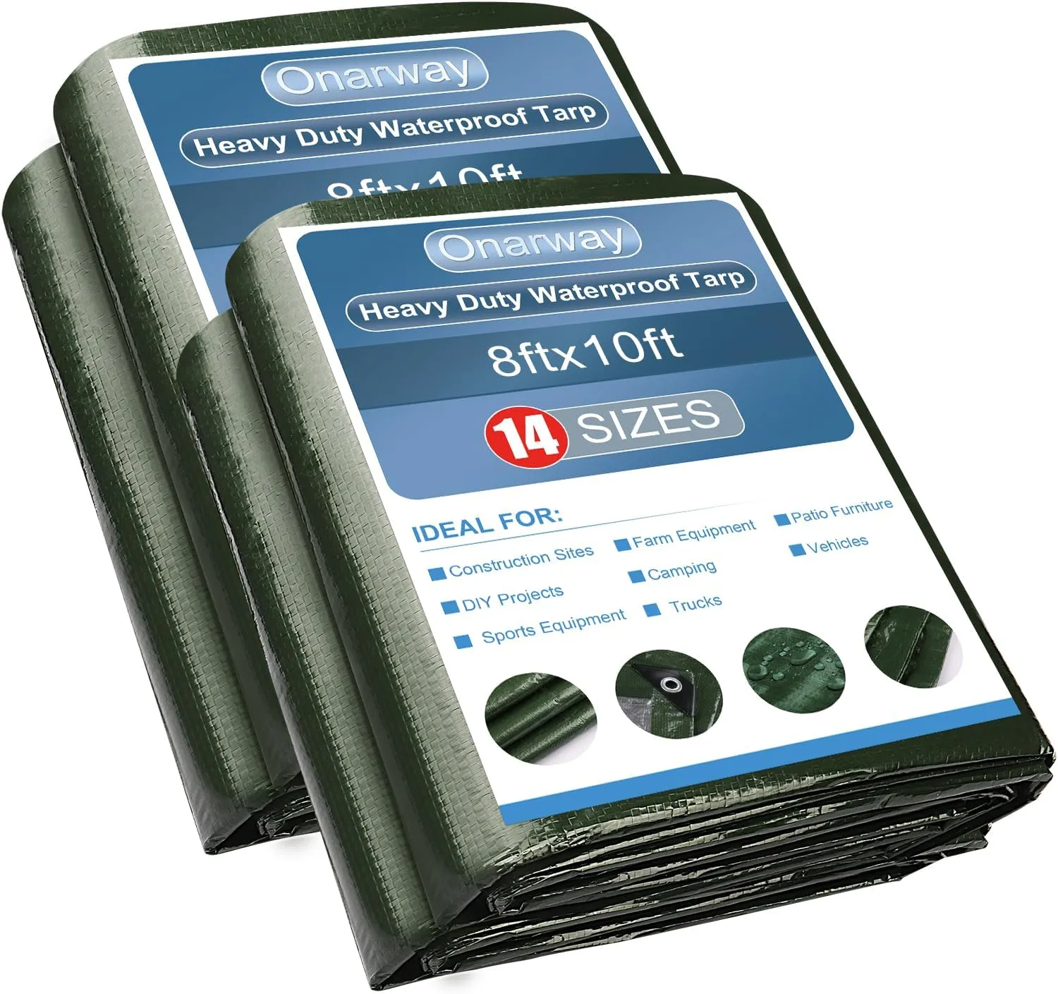 Onarway Poly Tarps Waterproof for Outdoor: Green Tarpaulin 6Mil Thicken 8x10 Ft 2Packs- Anti-UV Waterproof Tarp Cover with Grommets Multipurpose for Boat Pool Roof Camping