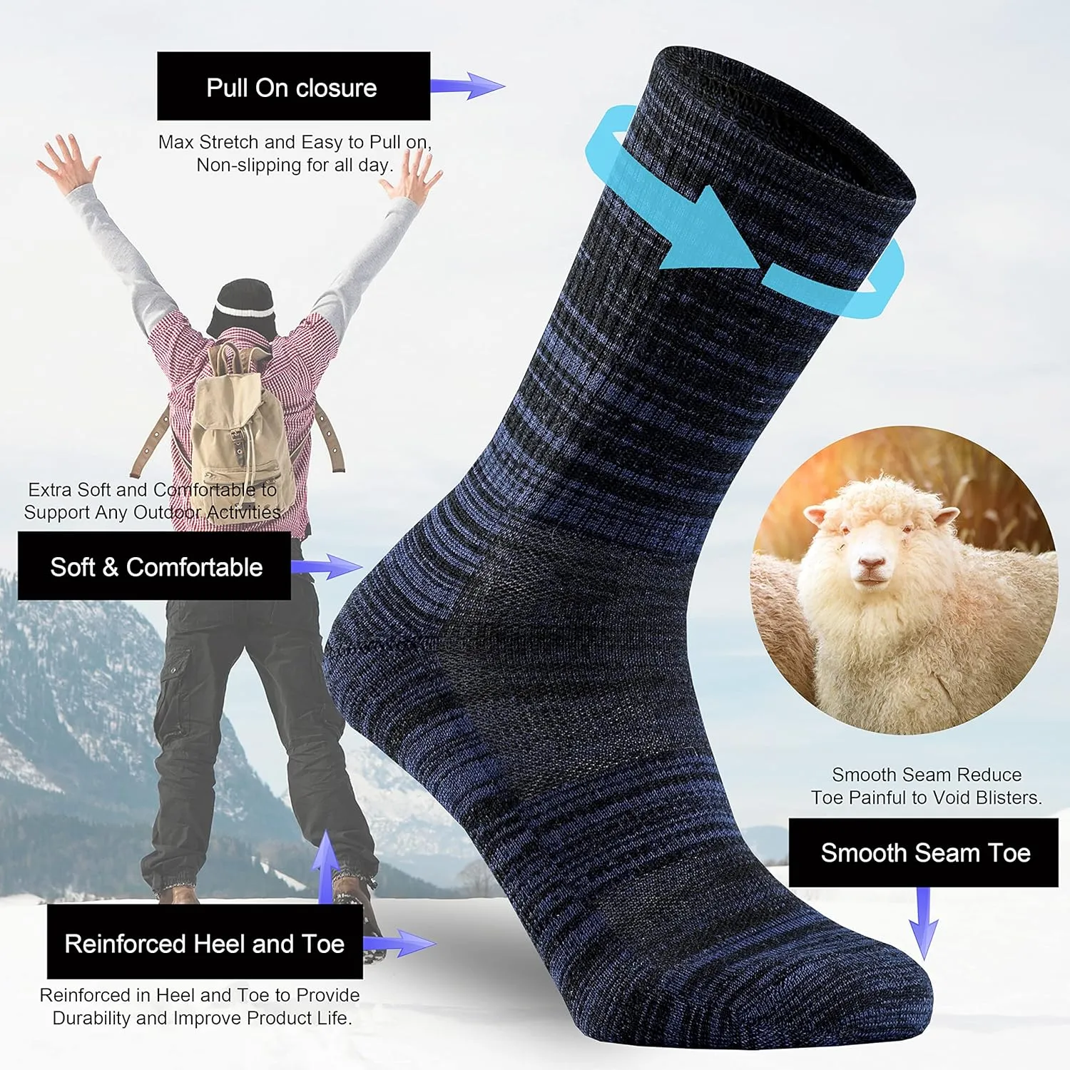 Ortis Men's Merino Wool Cushion Crew Socks with Moisture Wicking Control Light Weight Breathable for Outdoor Hiking Cycling