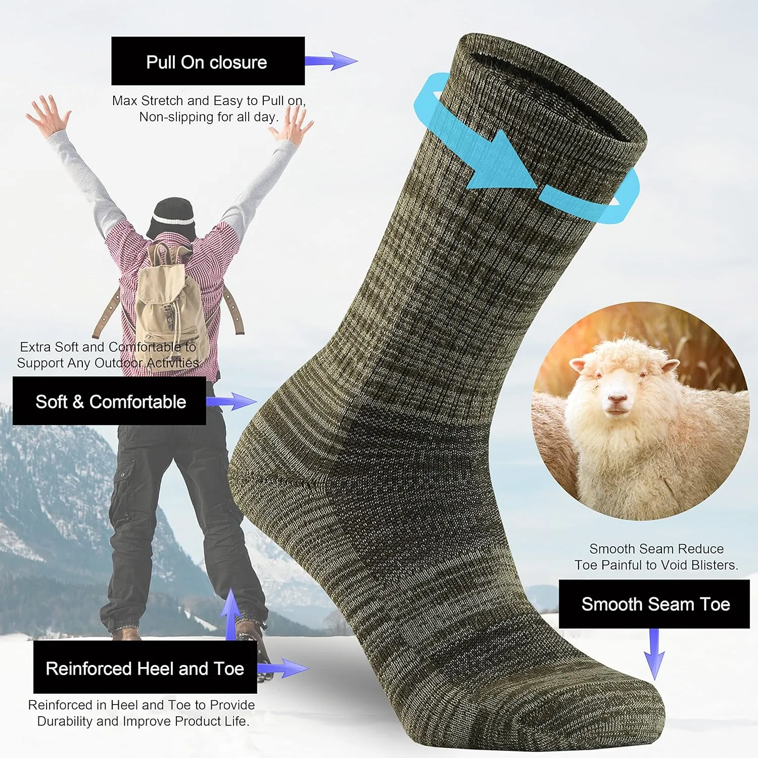 Ortis Men's Merino Wool Cushion Crew Socks with Moisture Wicking Control Light Weight Breathable for Outdoor Hiking Cycling