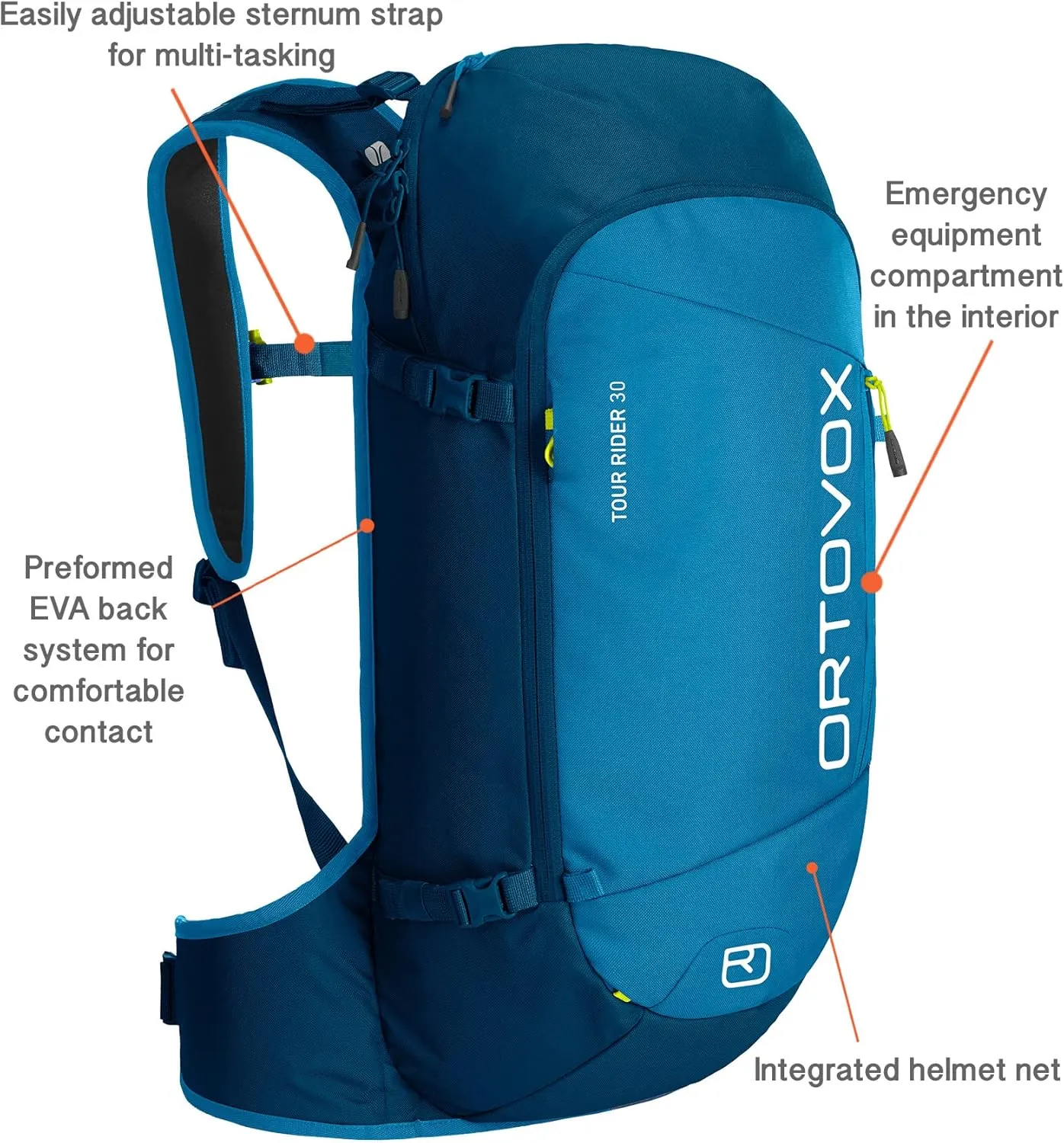 Ortovox Tour Rider 30L Ski Touring Backpack, Petrol Blue