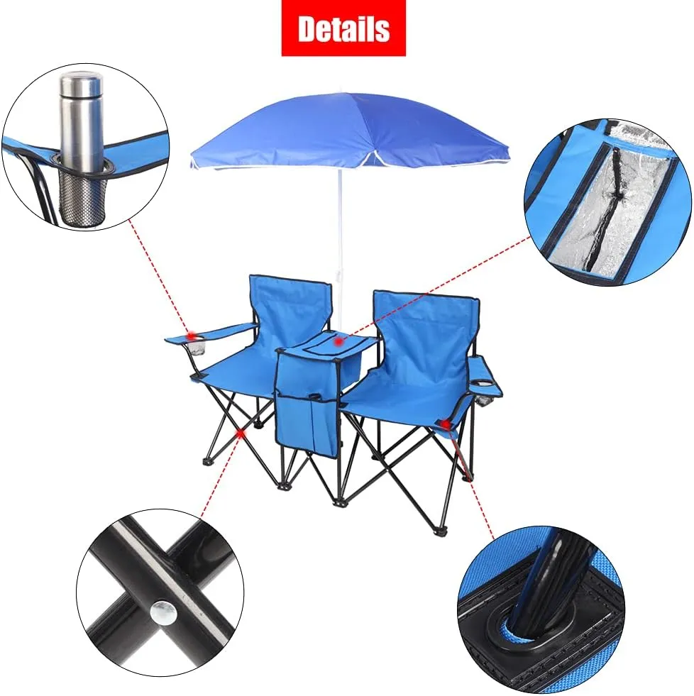 Outdoor Beach Portable Lawn Chair,2-Seat Lightweight Folding Chair for Adults,Folding Beach Chair,Portable Foldable Camping Chair,with Removable Sun Umbrella,for Patio Pool Yard Garden (Blue)