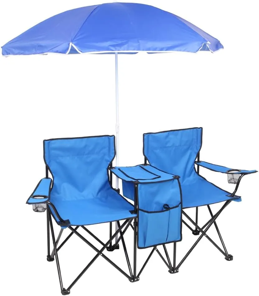 Outdoor Beach Portable Lawn Chair,2-Seat Lightweight Folding Chair for Adults,Folding Beach Chair,Portable Foldable Camping Chair,with Removable Sun Umbrella,for Patio Pool Yard Garden (Blue)