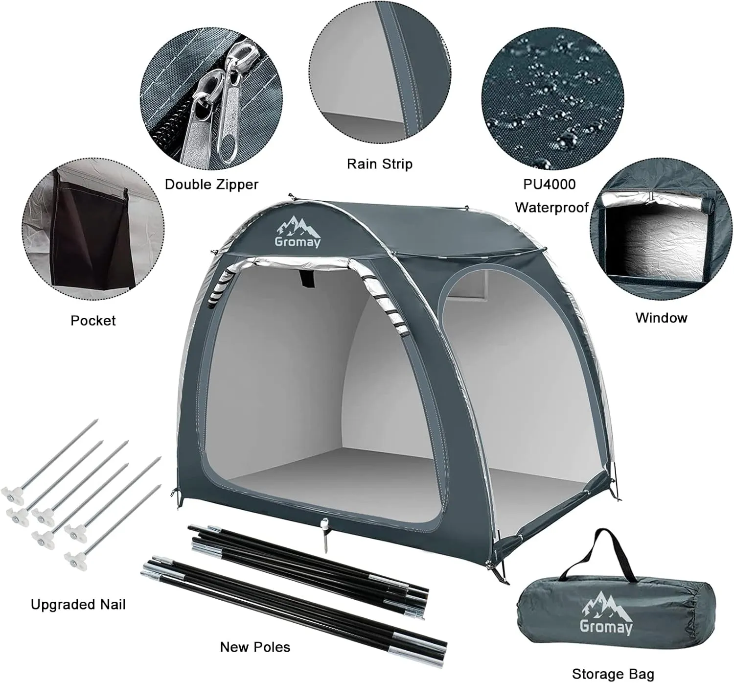 Outdoor Bike Storage Shed Tent, Large Bicycle Cover for 4 Bikes Double Doors Portable Motorcycle Tent with Spare Pole Rain Strip PU4000 Waterproof Silver Coated Oxford Cover, Foldable Bicycle Shelter
