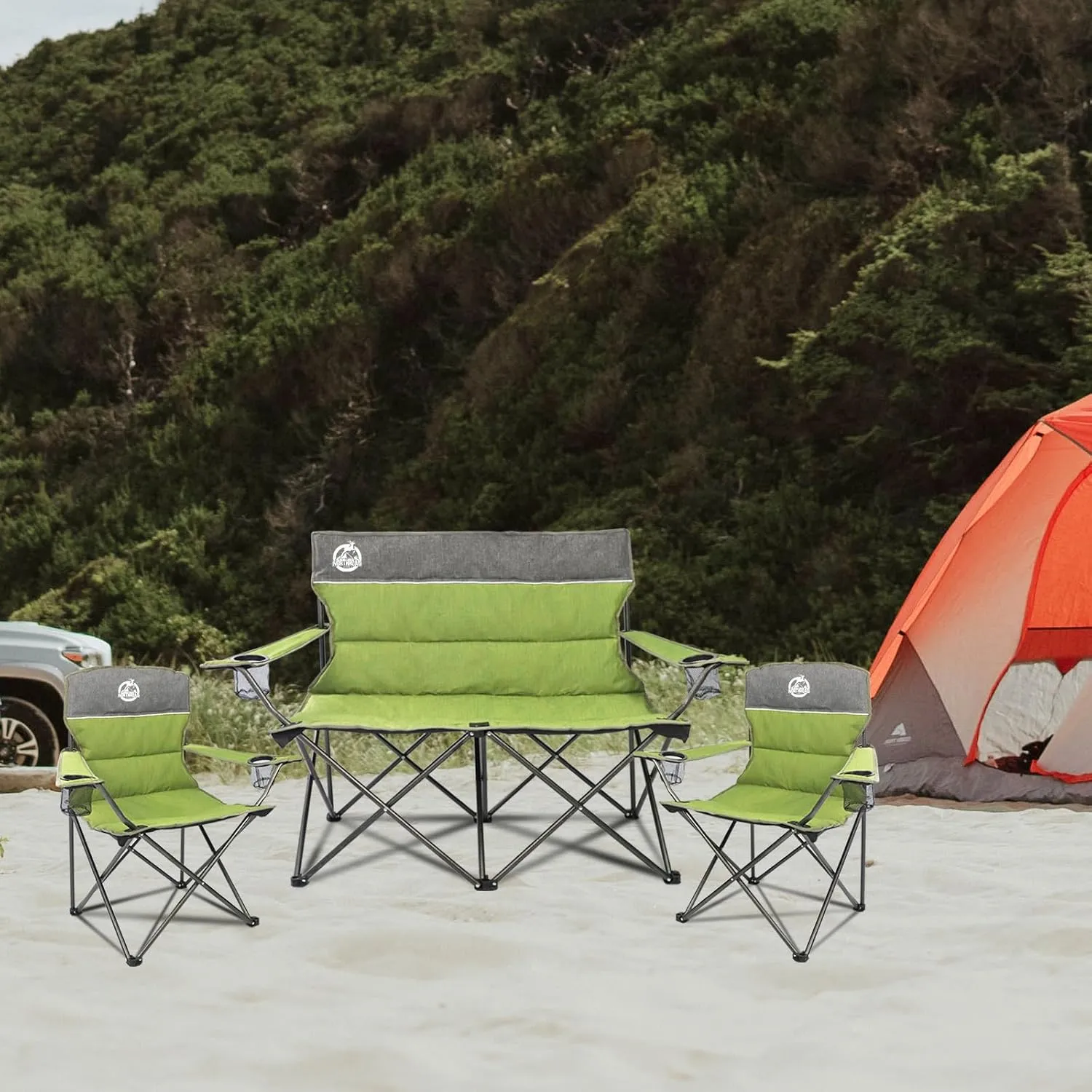 Outdoor Camping Chair Set of 3,Folding Padded Camp Chair,Collapsible Conversation Set w/1 Sofa,2 Single Chairs for Family Patio,Beach (Green)