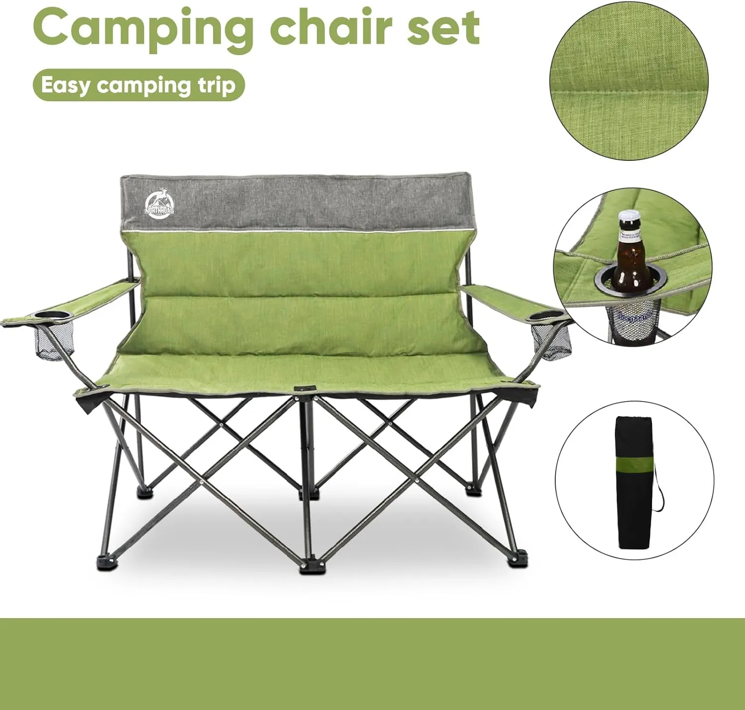 Outdoor Camping Chair Set of 3,Folding Padded Camp Chair,Collapsible Conversation Set w/1 Sofa,2 Single Chairs for Family Patio,Beach (Green)