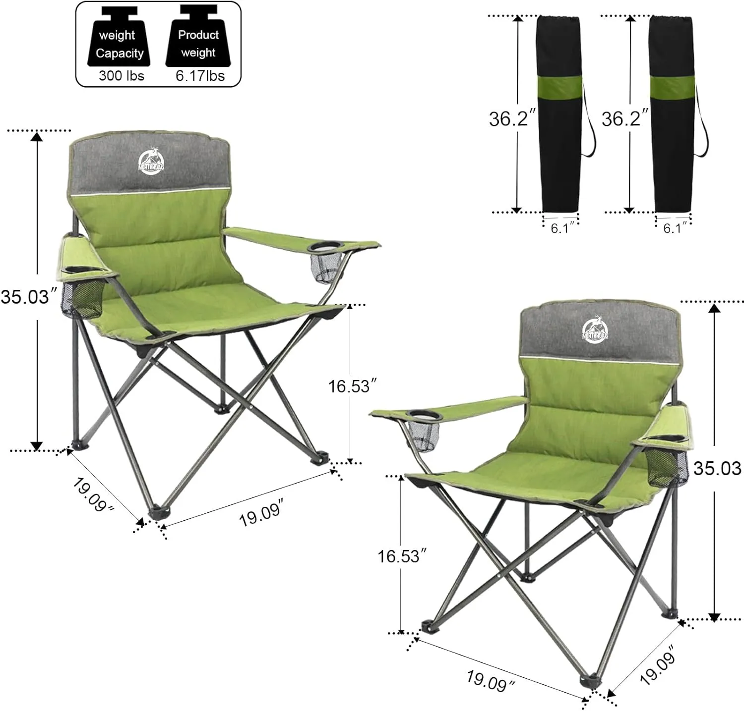Outdoor Camping Chair Set of 3,Folding Padded Camp Chair,Collapsible Conversation Set w/1 Sofa,2 Single Chairs for Family Patio,Beach (Green)