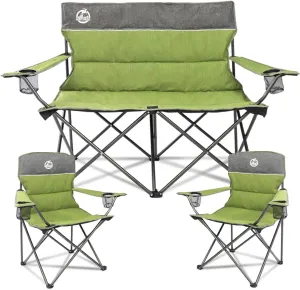 Outdoor Camping Chair Set of 3,Folding Padded Camp Chair,Collapsible Conversation Set w/1 Sofa,2 Single Chairs for Family Patio,Beach (Green)