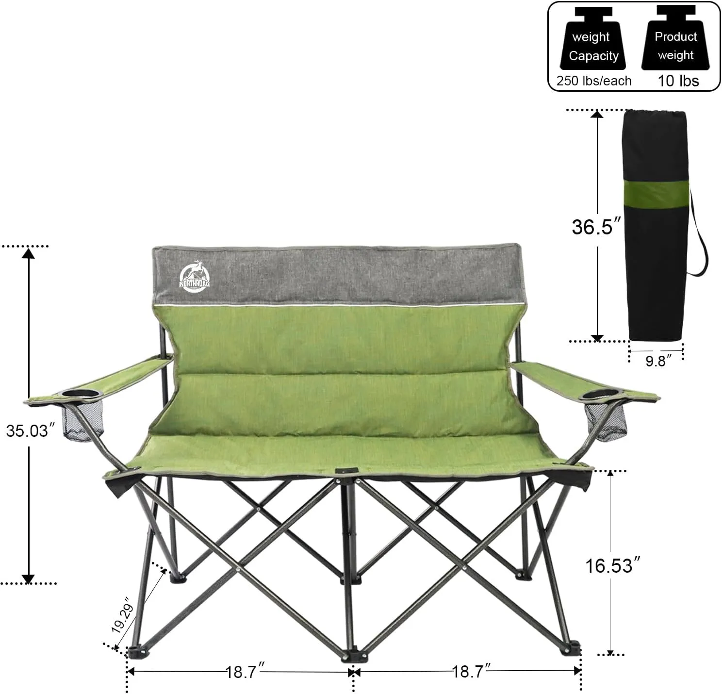 Outdoor Camping Chair Set of 3,Folding Padded Camp Chair,Collapsible Conversation Set w/1 Sofa,2 Single Chairs for Family Patio,Beach (Green)