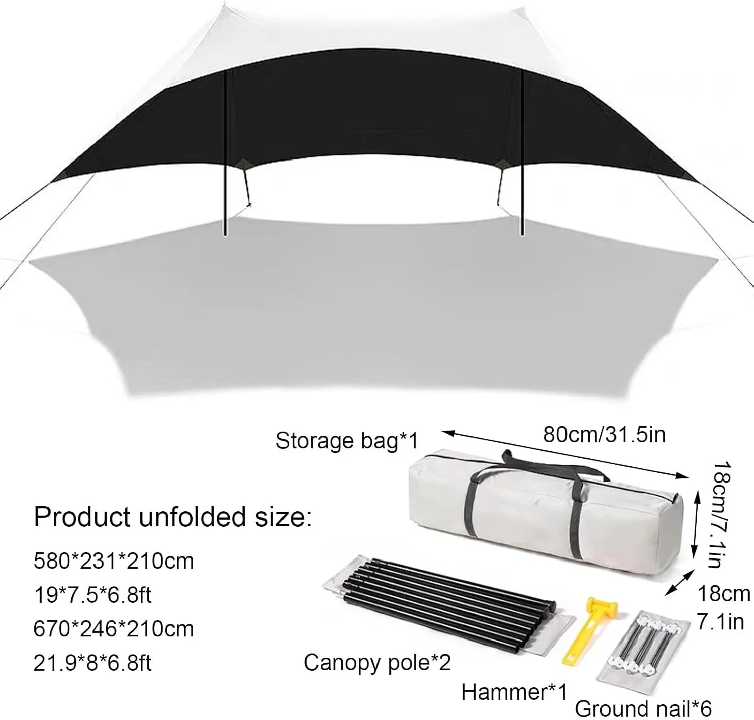 Outdoor Camping Tarp with Rod, Camping Shelter with Storage Bag, Waterproof Sun Shelter for Tailgating Party, Beach, Park, Three-Sided Sunshade Design