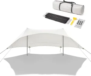 Outdoor Camping Tarp with Rod, Camping Shelter with Storage Bag, Waterproof Sun Shelter for Tailgating Party, Beach, Park, Three-Sided Sunshade Design
