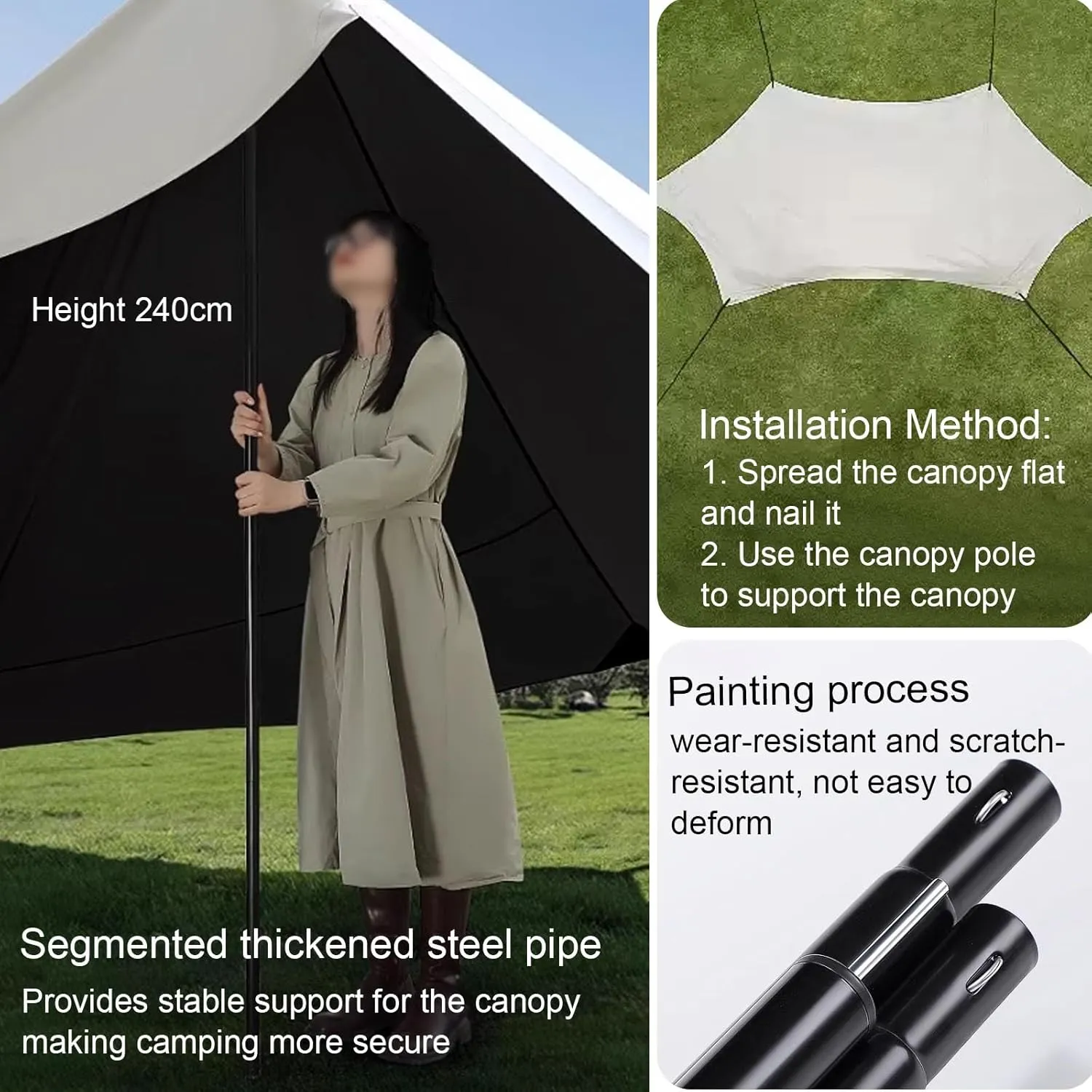 Outdoor Camping Tarp with Rod, Camping Shelter with Storage Bag, Waterproof Sun Shelter for Tailgating Party, Beach, Park, Three-Sided Sunshade Design
