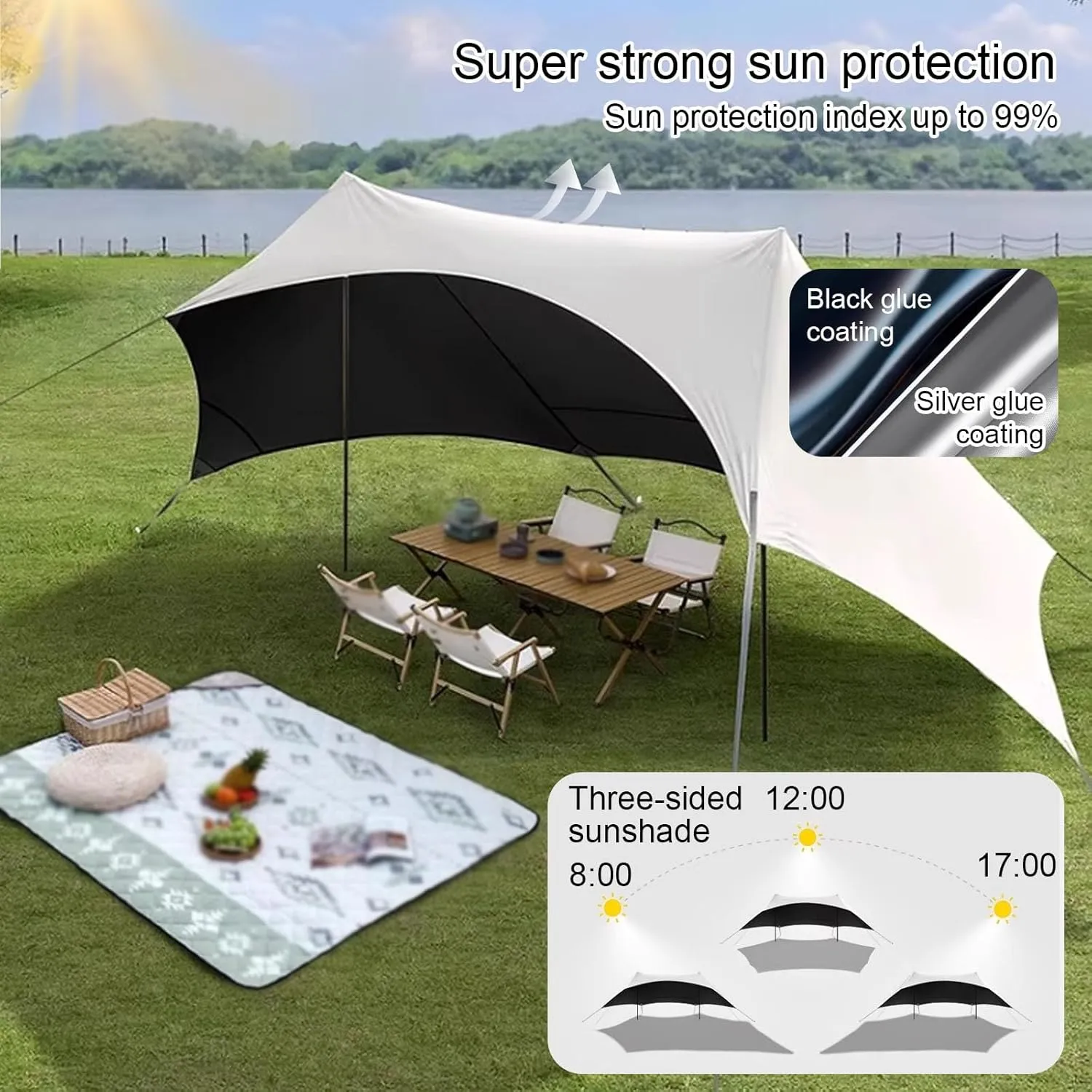 Outdoor Camping Tarp with Rod, Camping Shelter with Storage Bag, Waterproof Sun Shelter for Tailgating Party, Beach, Park, Three-Sided Sunshade Design
