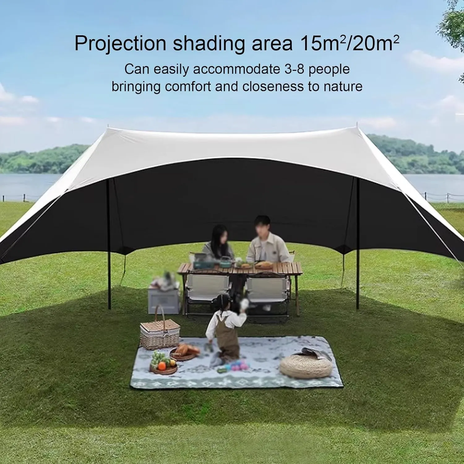 Outdoor Camping Tarp with Rod, Camping Shelter with Storage Bag, Waterproof Sun Shelter for Tailgating Party, Beach, Park, Three-Sided Sunshade Design