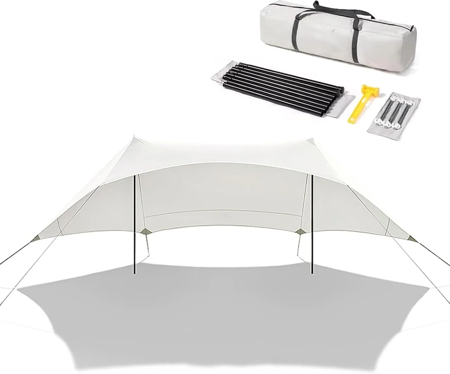 Outdoor Camping Tarp with Rod, Camping Shelter with Storage Bag, Waterproof Sun Shelter for Tailgating Party, Beach, Park, Three-Sided Sunshade Design