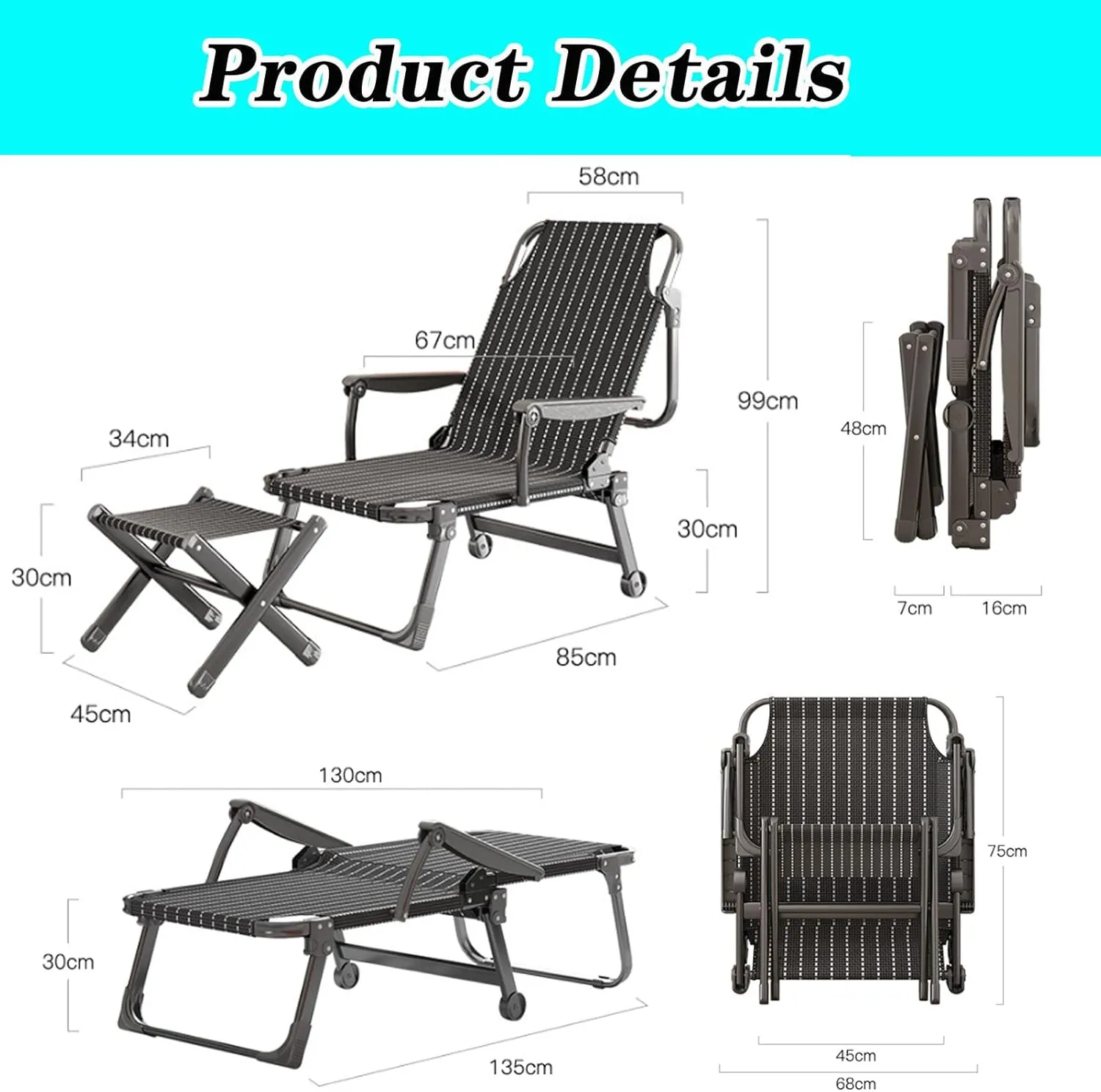 Outdoor Chair Camping Lounge Patio Support 440lbs Padded Folding Lawn Recliner with Footstool, for Poolside Backyard/Lawn (Recliner Gray Cushion