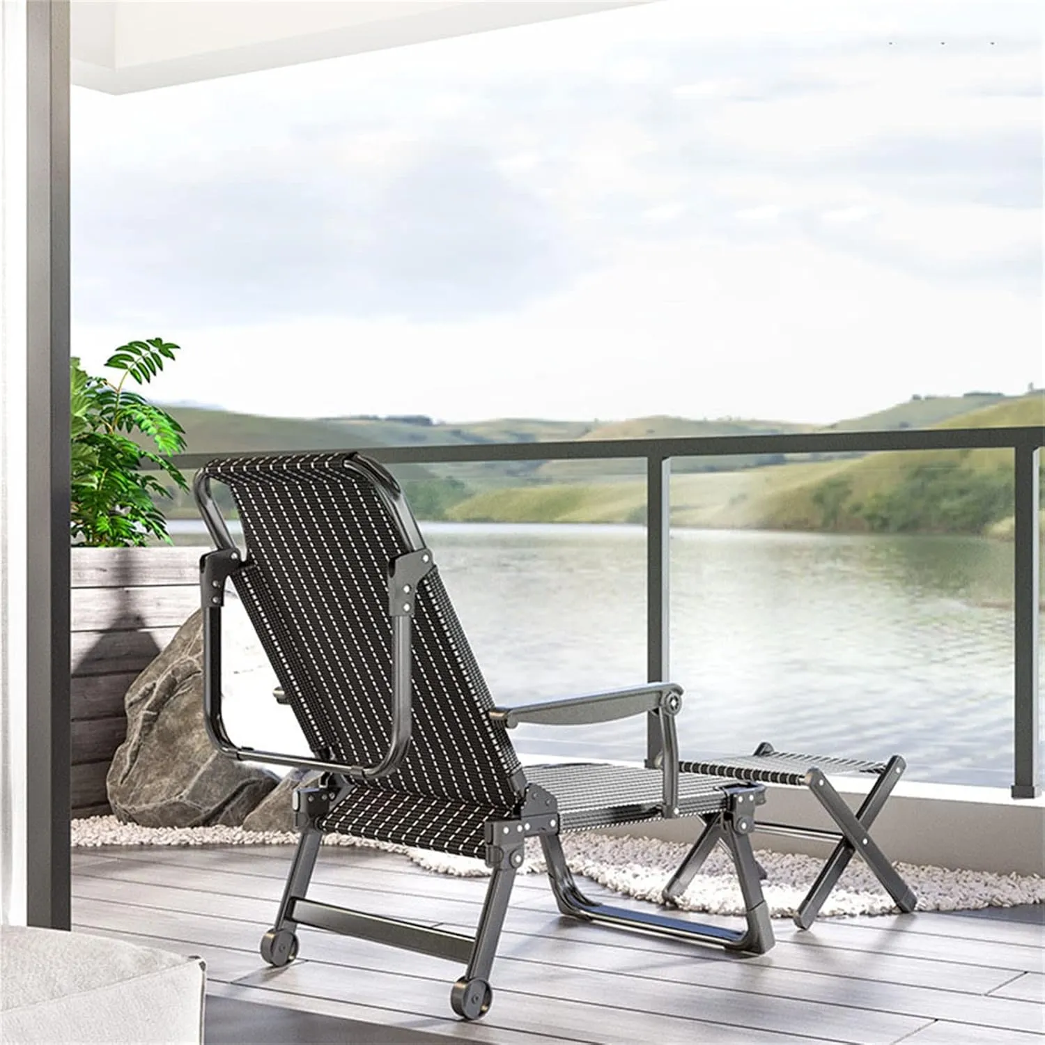 Outdoor Chair Camping Lounge Patio Support 440lbs Padded Folding Lawn Recliner with Footstool, for Poolside Backyard/Lawn (Recliner Gray Cushion