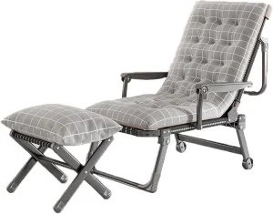 Outdoor Chair Camping Lounge Patio Support 440lbs Padded Folding Lawn Recliner with Footstool, for Poolside Backyard/Lawn (Recliner Gray Cushion