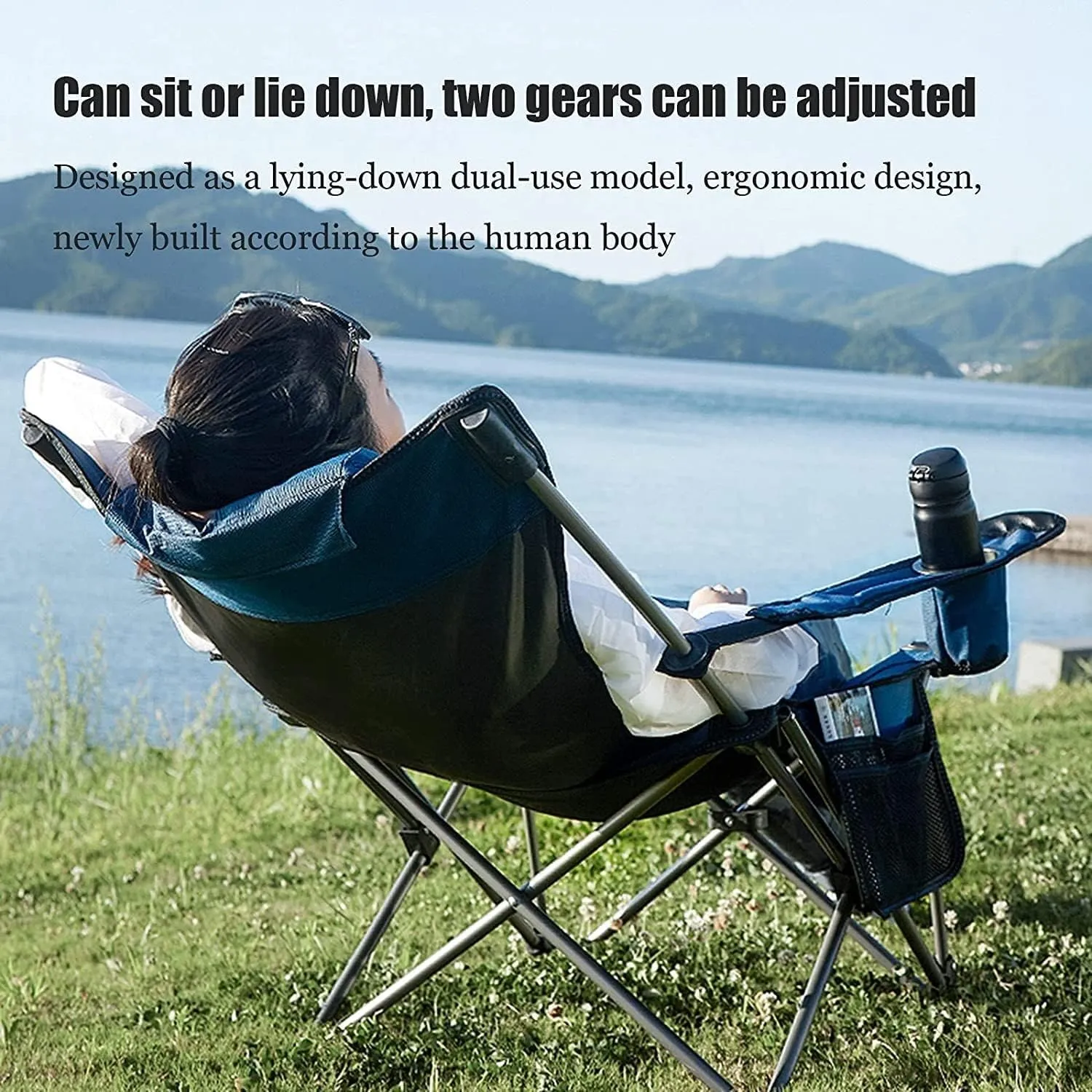 Outdoor Chair Folding Camping Chair Outdoor Folding Chair Portable Lawn Folding Seat Armchair with Cup Holder Pillow and Carry Bag Leisure Recliner Stool Camping Chair Foldable Chair