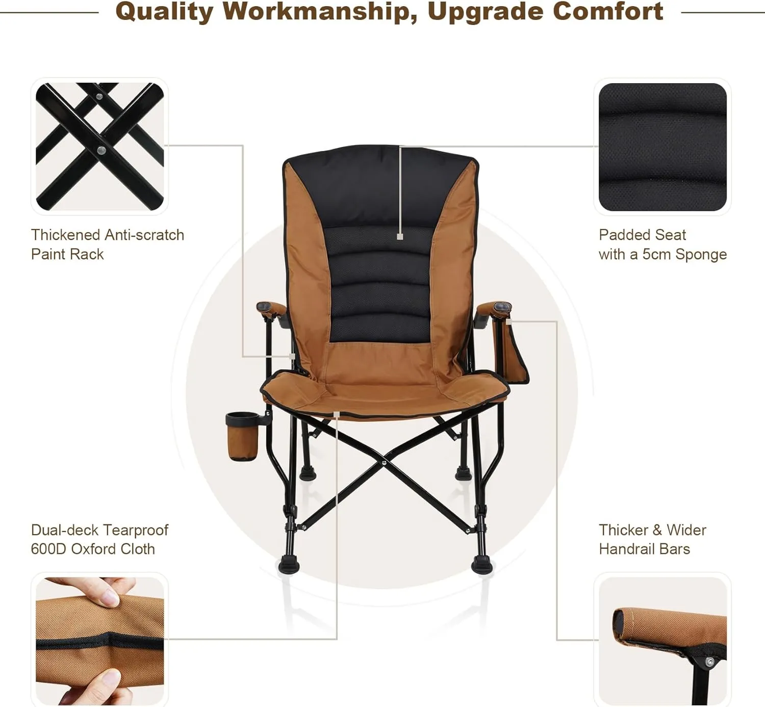 Outdoor Folding Camping Chair Heavy Duty Movable High Back Collapsible Padded Chair with Storage Bag for Outside Camping Activities, Brown