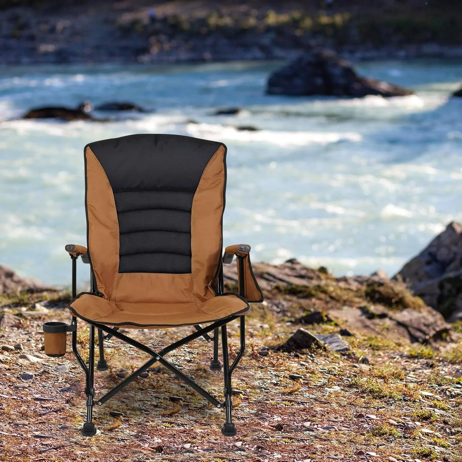 Outdoor Folding Camping Chair Heavy Duty Movable High Back Collapsible Padded Chair with Storage Bag for Outside Camping Activities, Brown