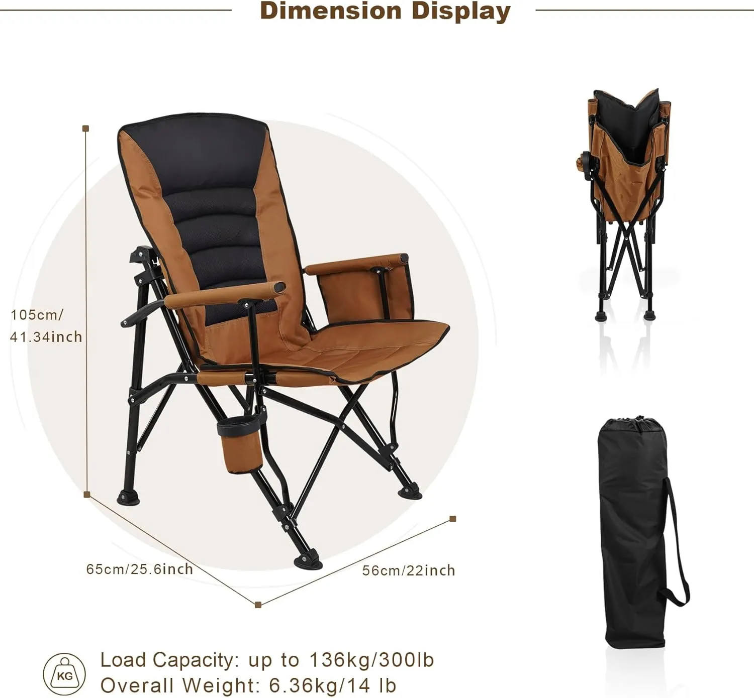 Outdoor Folding Camping Chair Heavy Duty Movable High Back Collapsible Padded Chair with Storage Bag for Outside Camping Activities, Brown