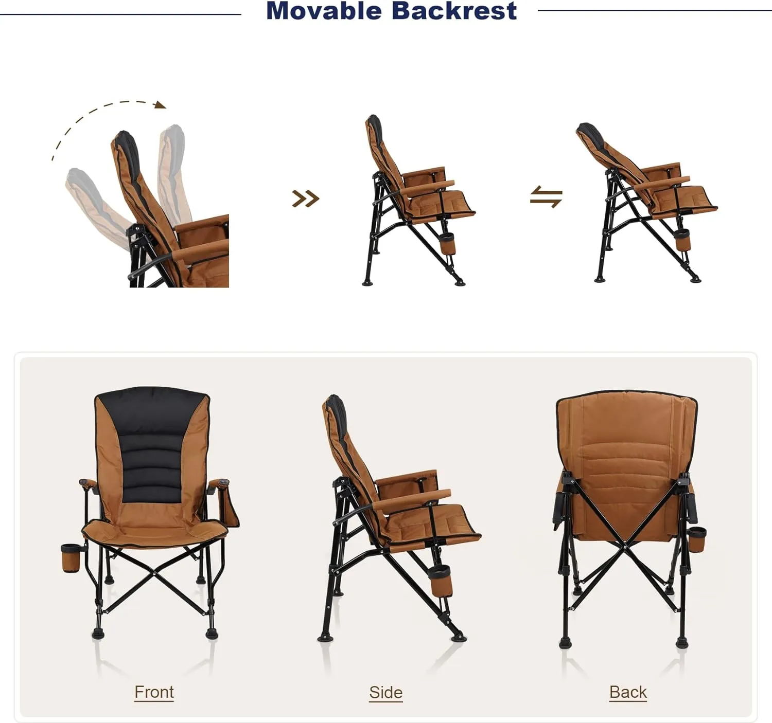 Outdoor Folding Camping Chair Heavy Duty Movable High Back Collapsible Padded Chair with Storage Bag for Outside Camping Activities, Brown