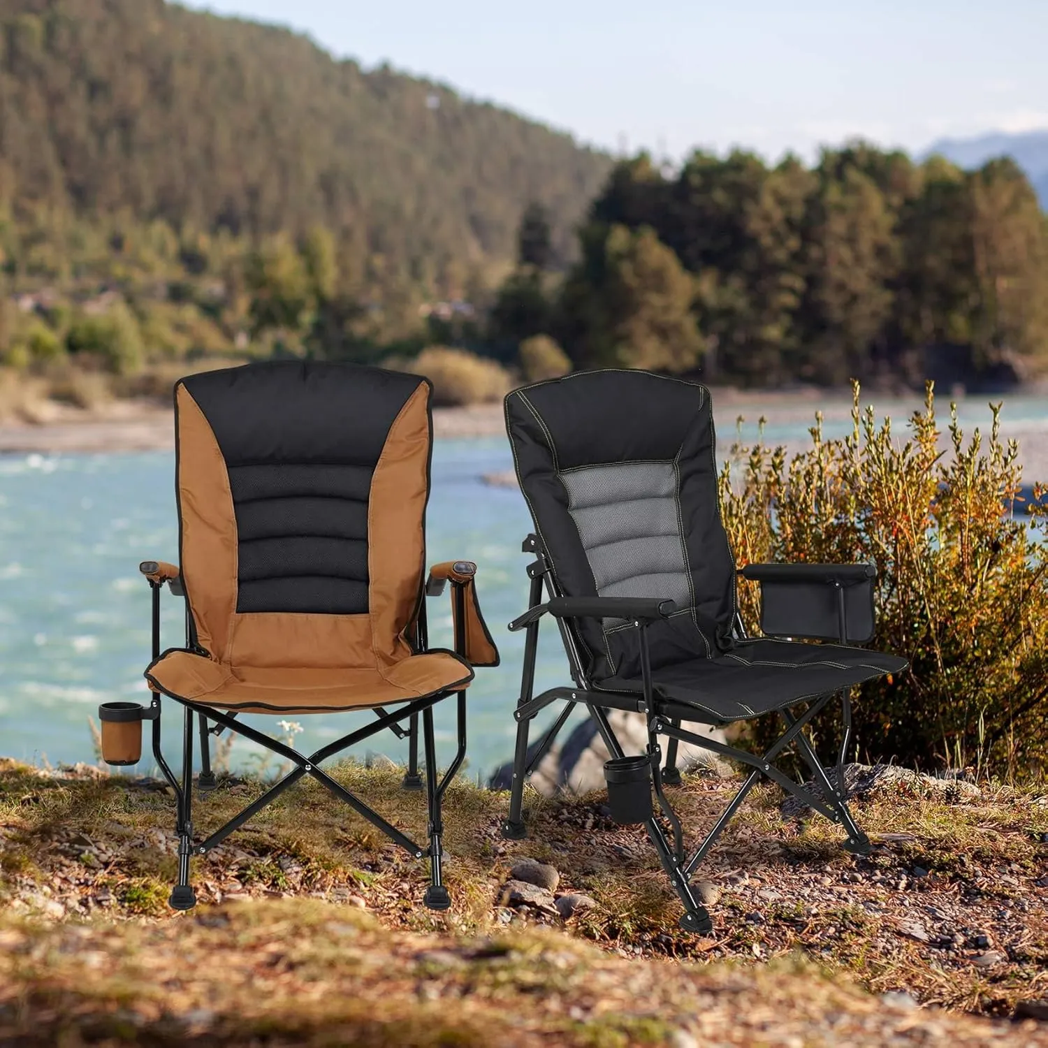 Outdoor Folding Camping Chair Heavy Duty Movable High Back Collapsible Padded Chair with Storage Bag for Outside Camping Activities, Brown
