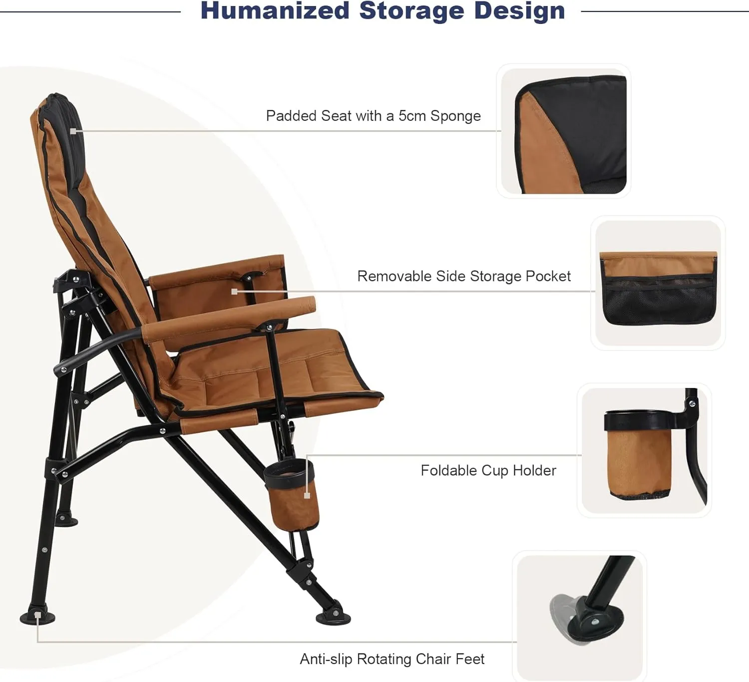 Outdoor Folding Camping Chair Heavy Duty Movable High Back Collapsible Padded Chair with Storage Bag for Outside Camping Activities, Brown